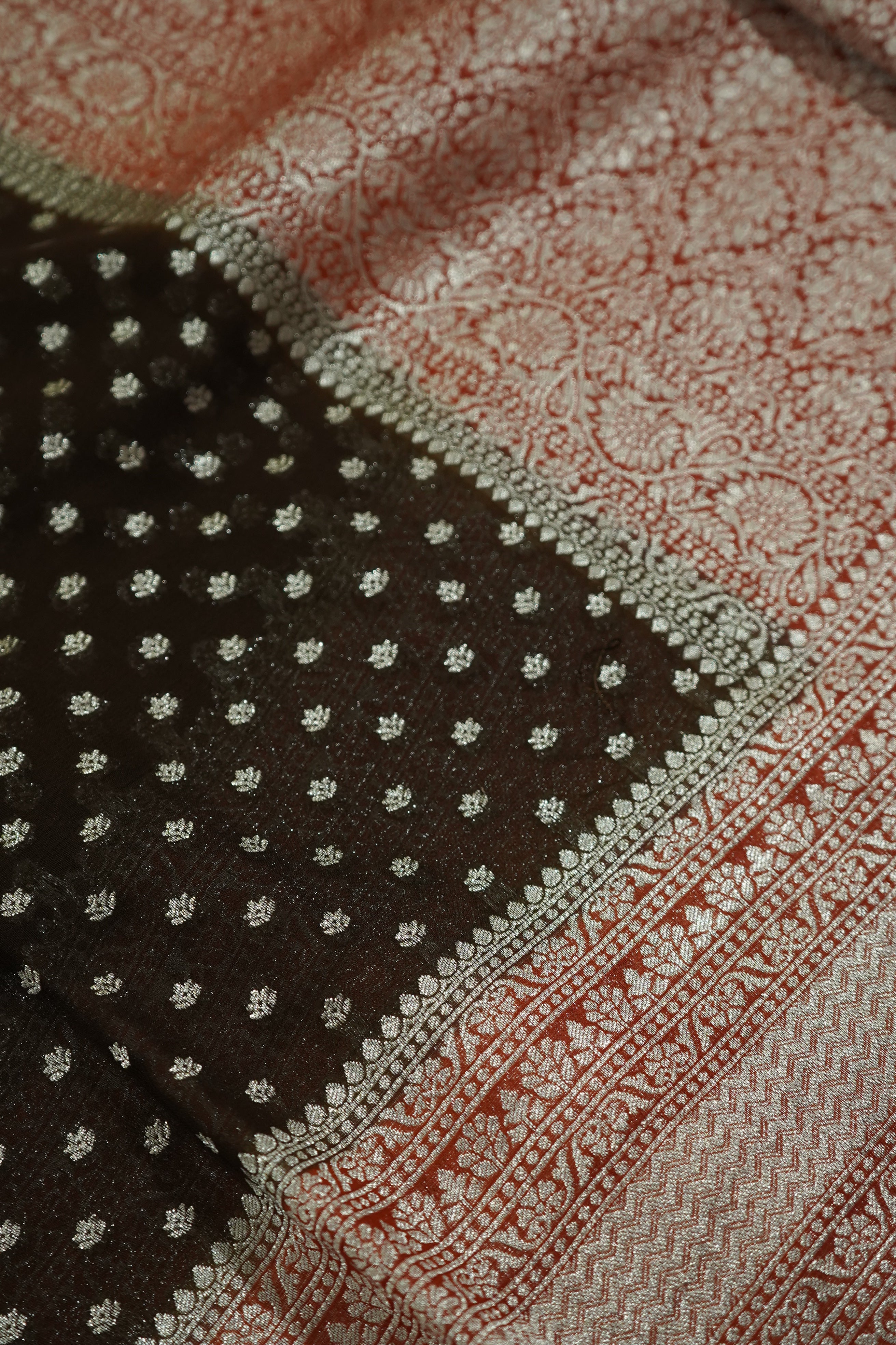 Chocolate Brown Khaddi Georgette Pure Banarasi Saree with Contrast Copper Rose Border