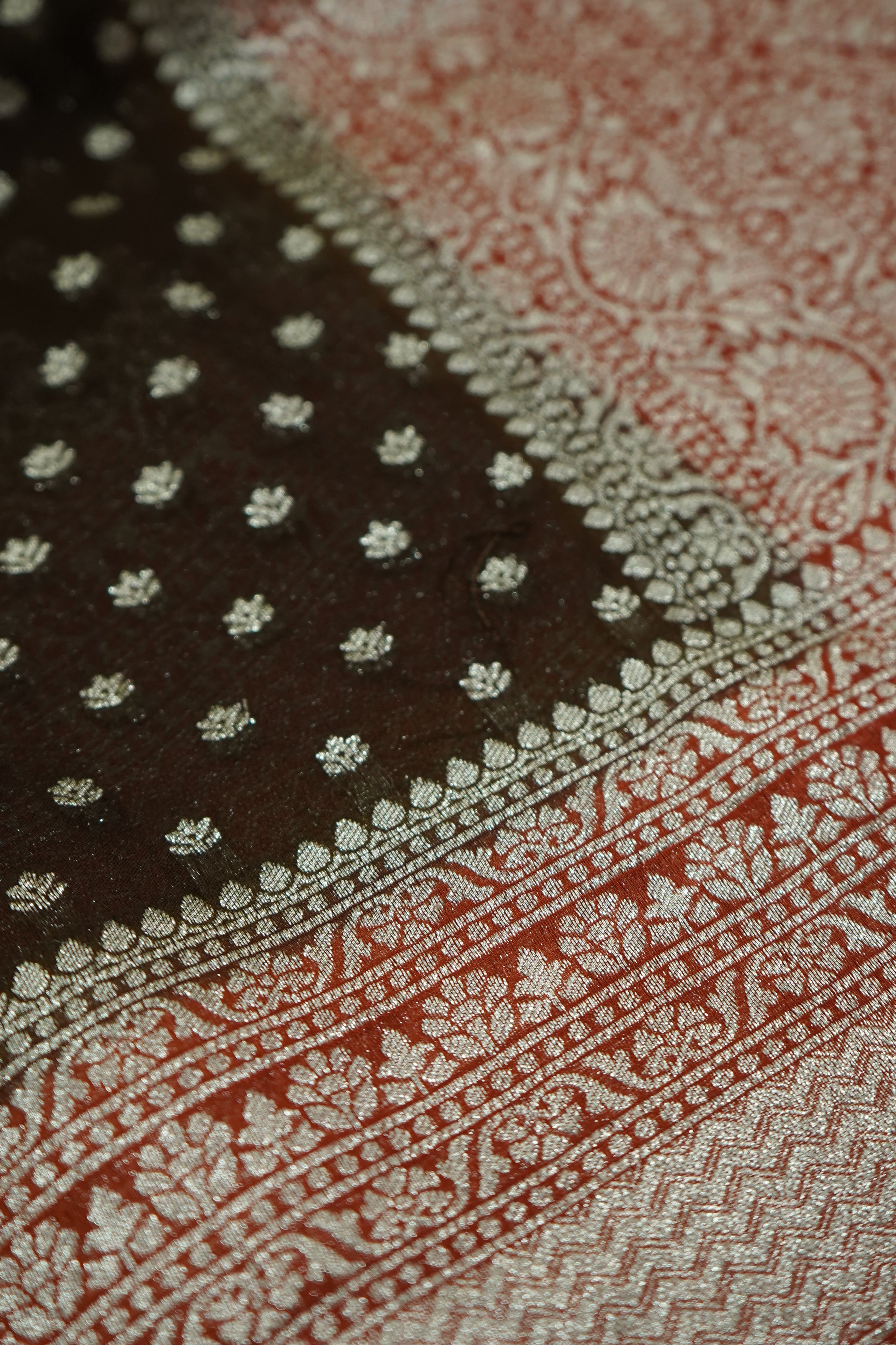 Chocolate Brown Khaddi Georgette Pure Banarasi Saree with Contrast Copper Rose Border