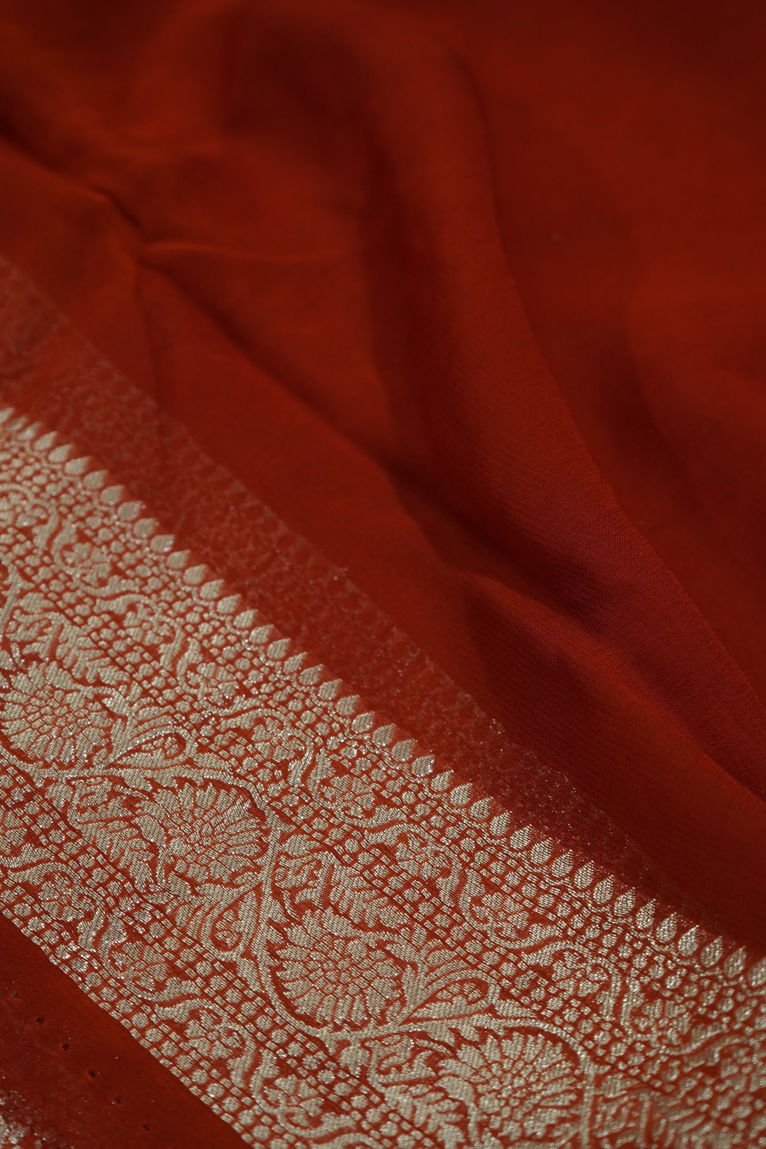 Chocolate Brown Khaddi Georgette Pure Banarasi Saree with Contrast Copper Rose Border