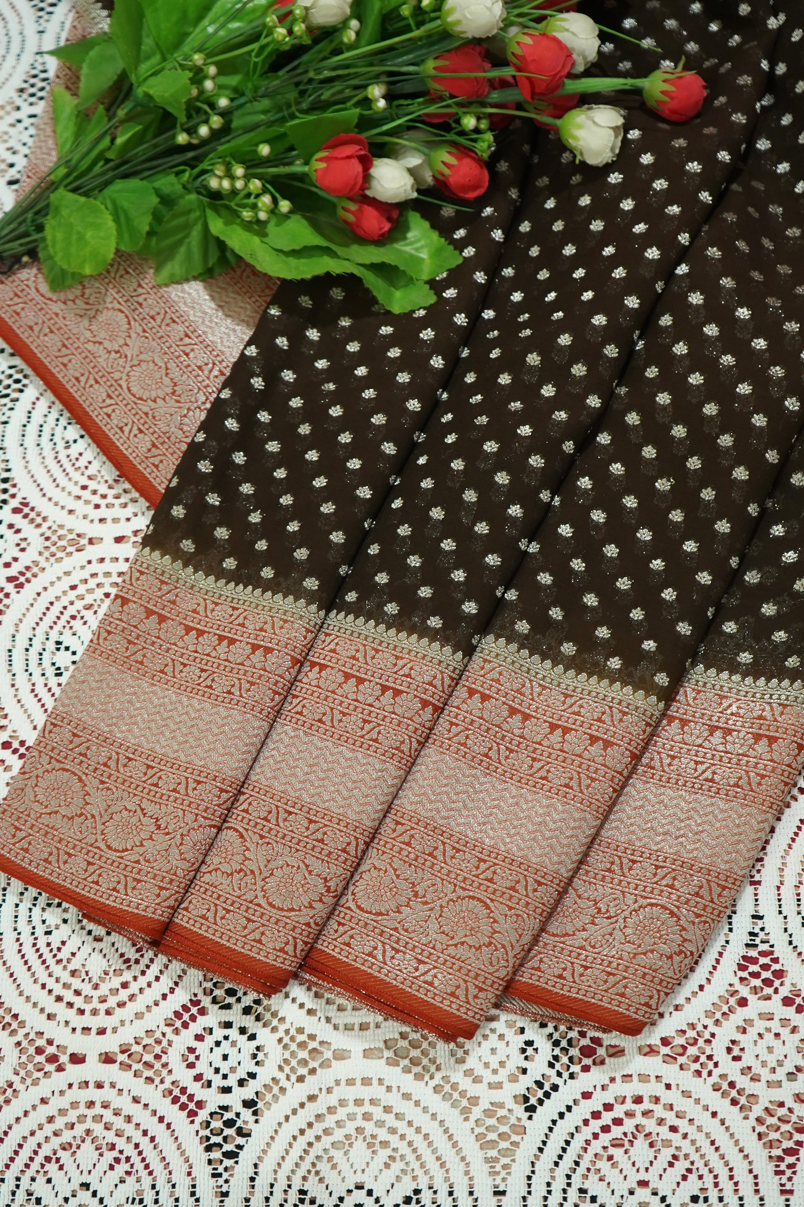 Chocolate Brown Khaddi Georgette Pure Banarasi Saree with Contrast Copper Rose Border