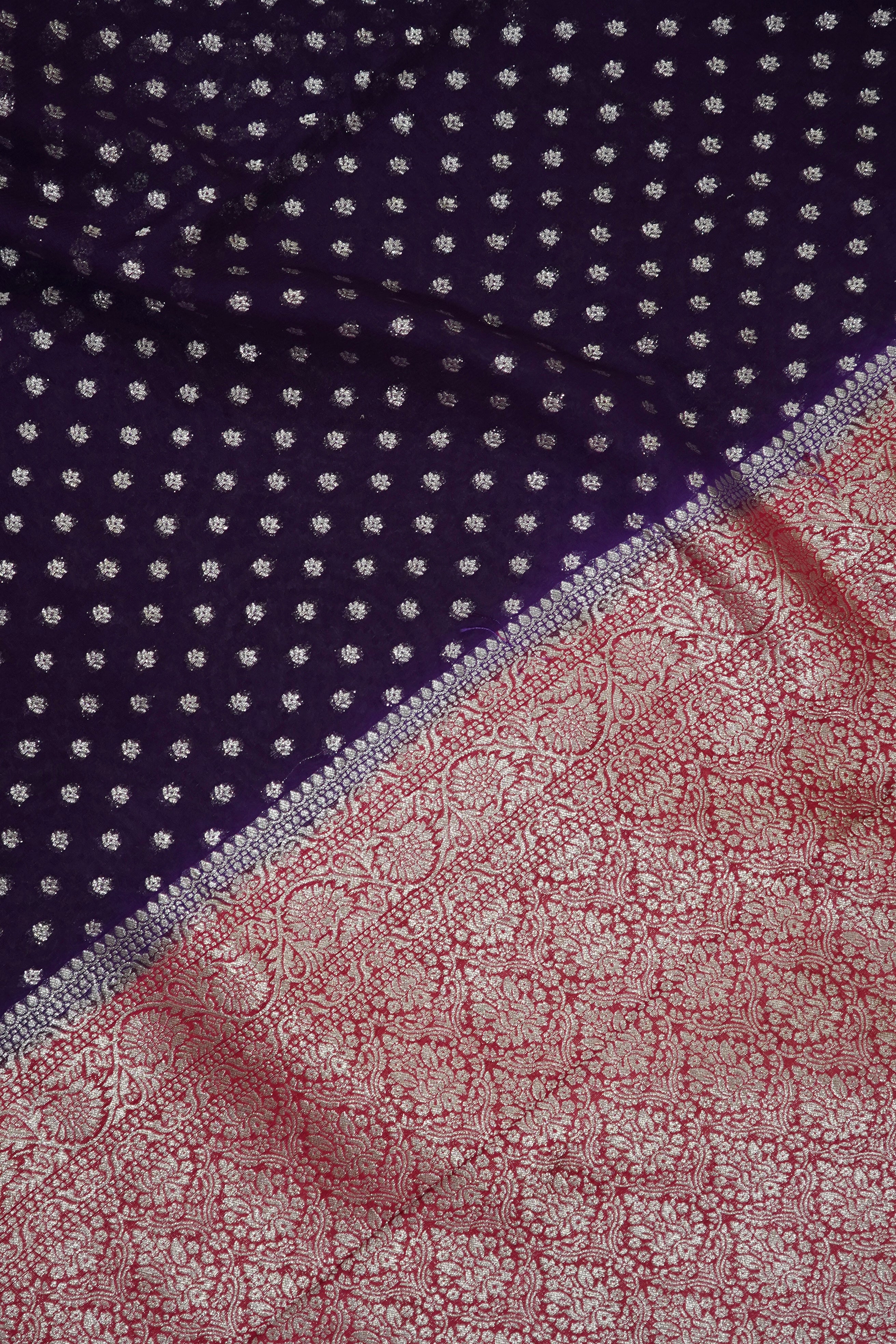Deep Royal Purple Khaddi Georgette Pure Banarasi Saree with Contrast Rose Red Border
