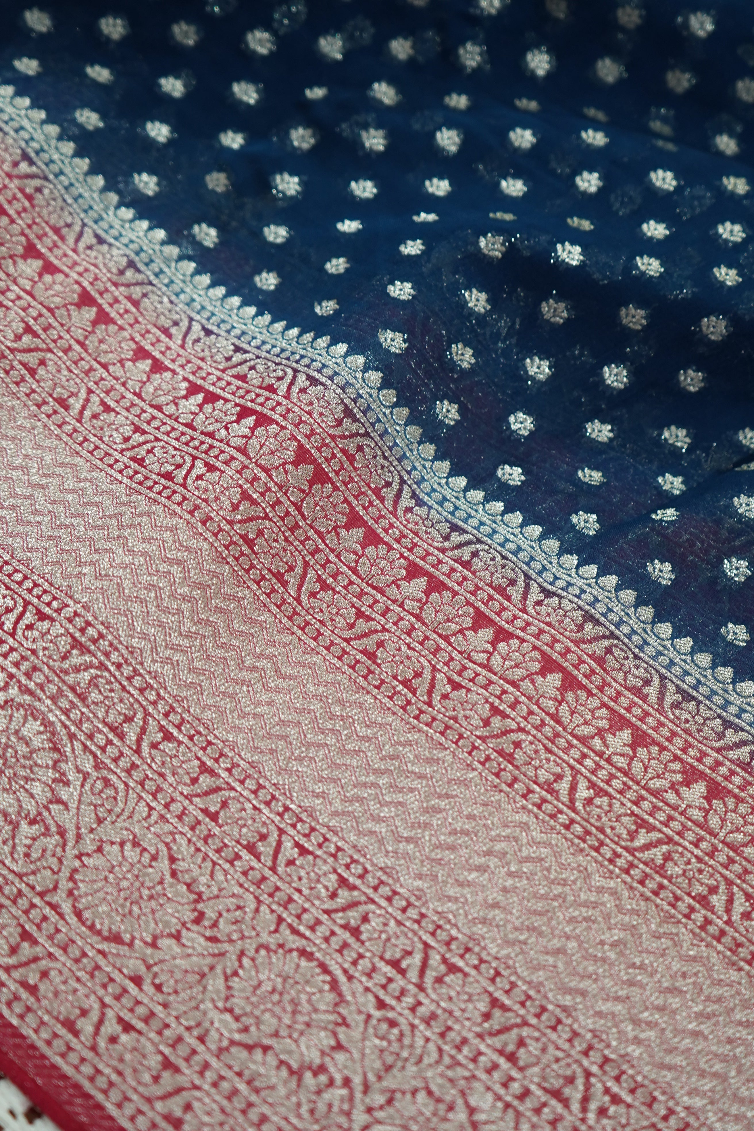 Midnight Navy Blue Khaddi Georgette Pure Banarasi Saree with Contrast Rose Red Border