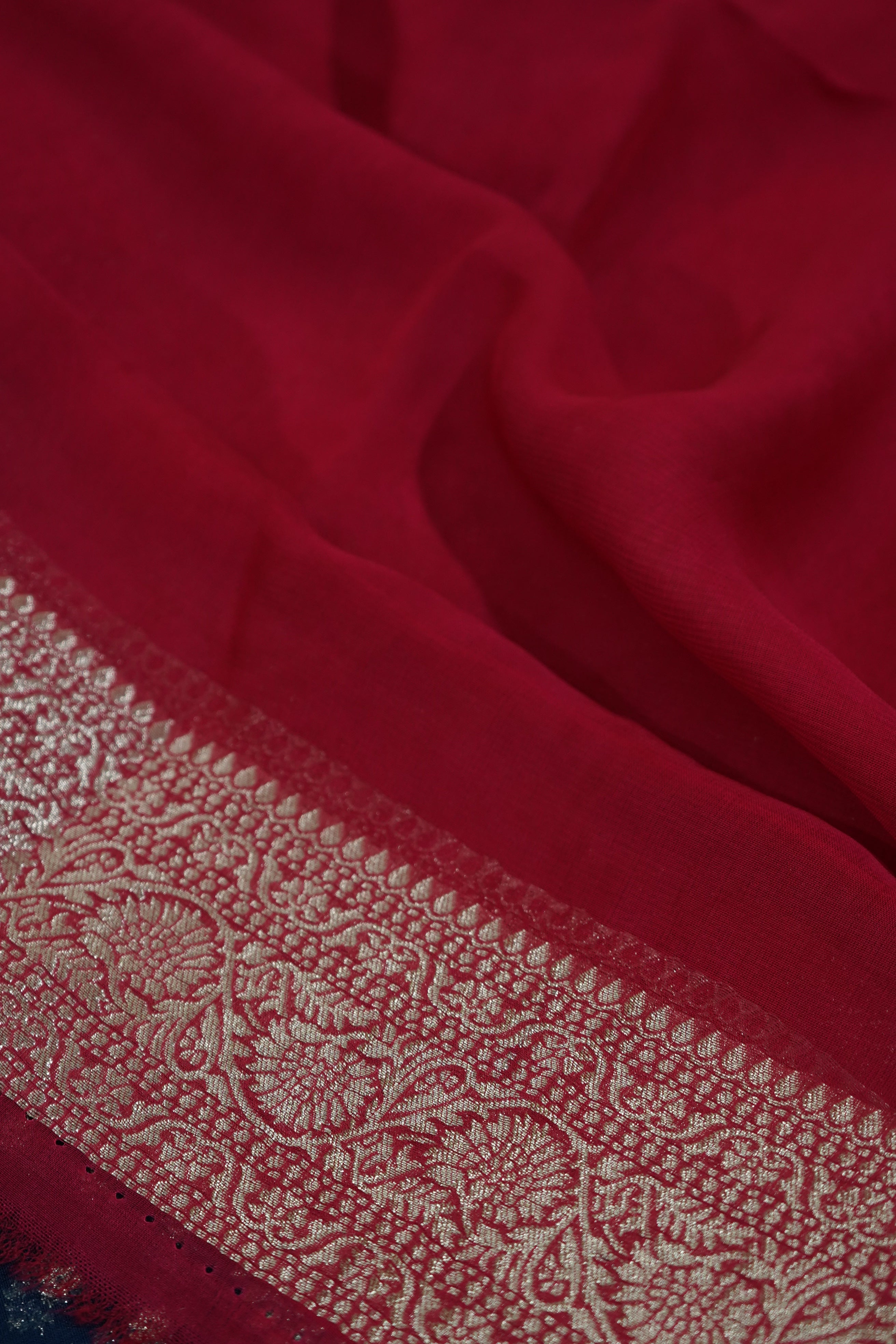 Midnight Navy Blue Khaddi Georgette Pure Banarasi Saree with Contrast Rose Red Border