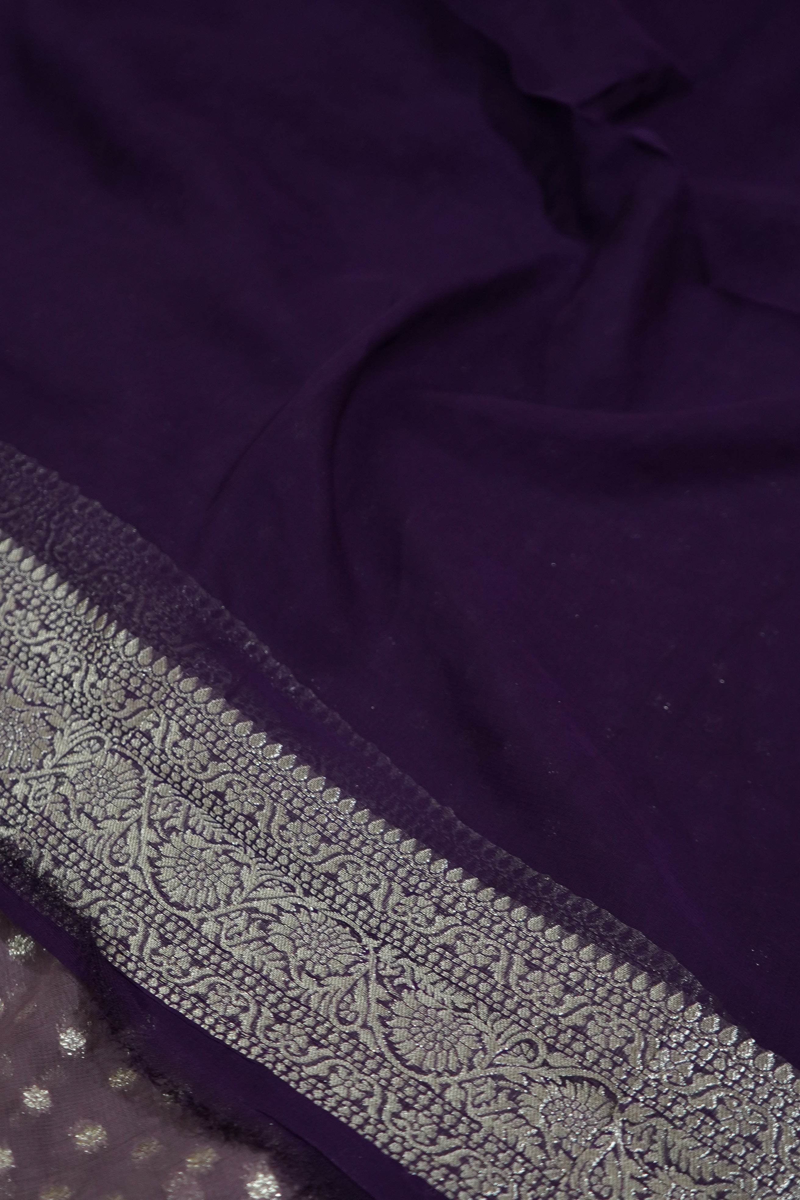 Smoky Lavender Grey Khaddi Georgette Pure Banarasi Saree with Champagne Zari Border