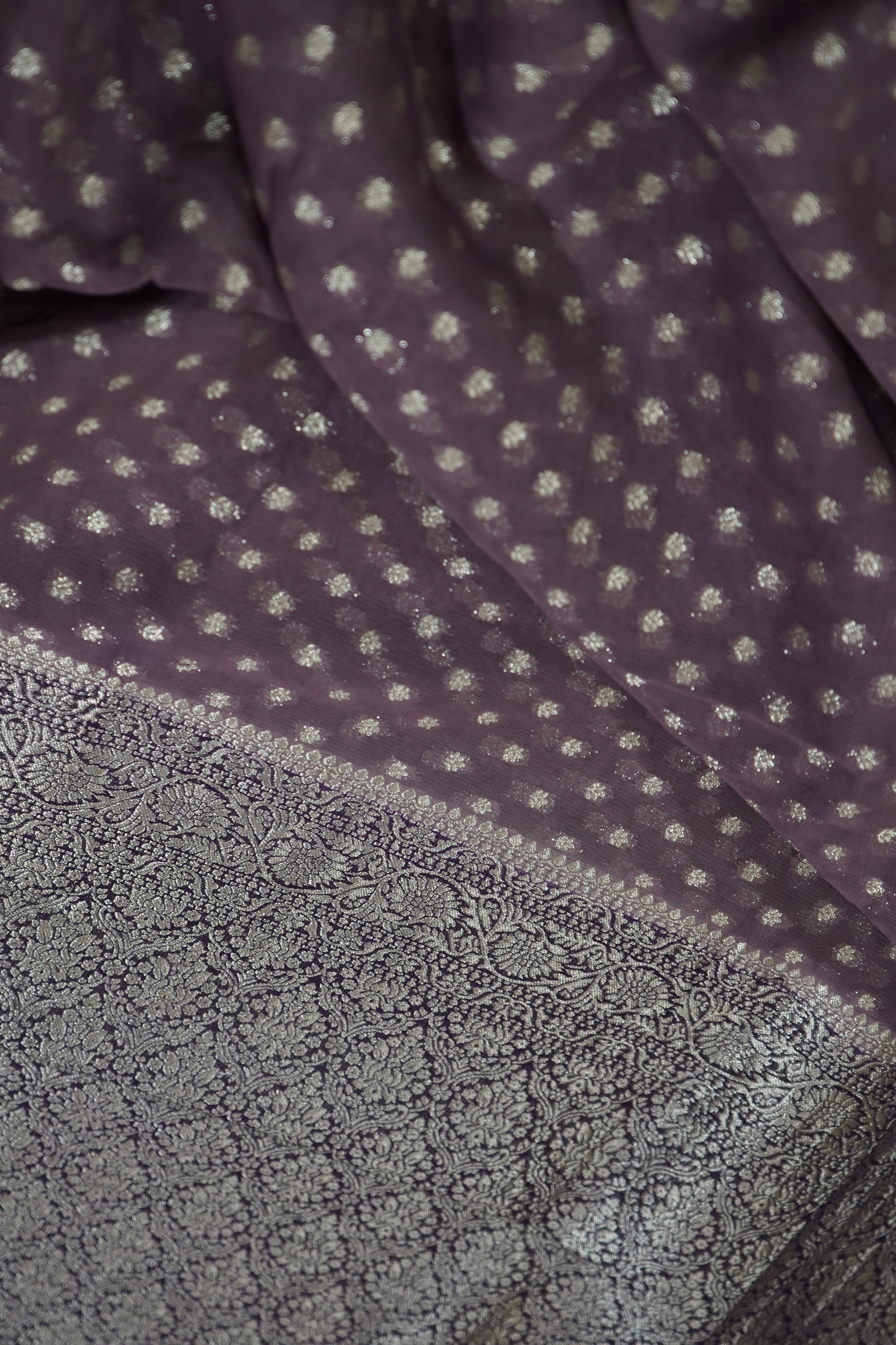 Smoky Lavender Grey Khaddi Georgette Pure Banarasi Saree with Champagne Zari Border