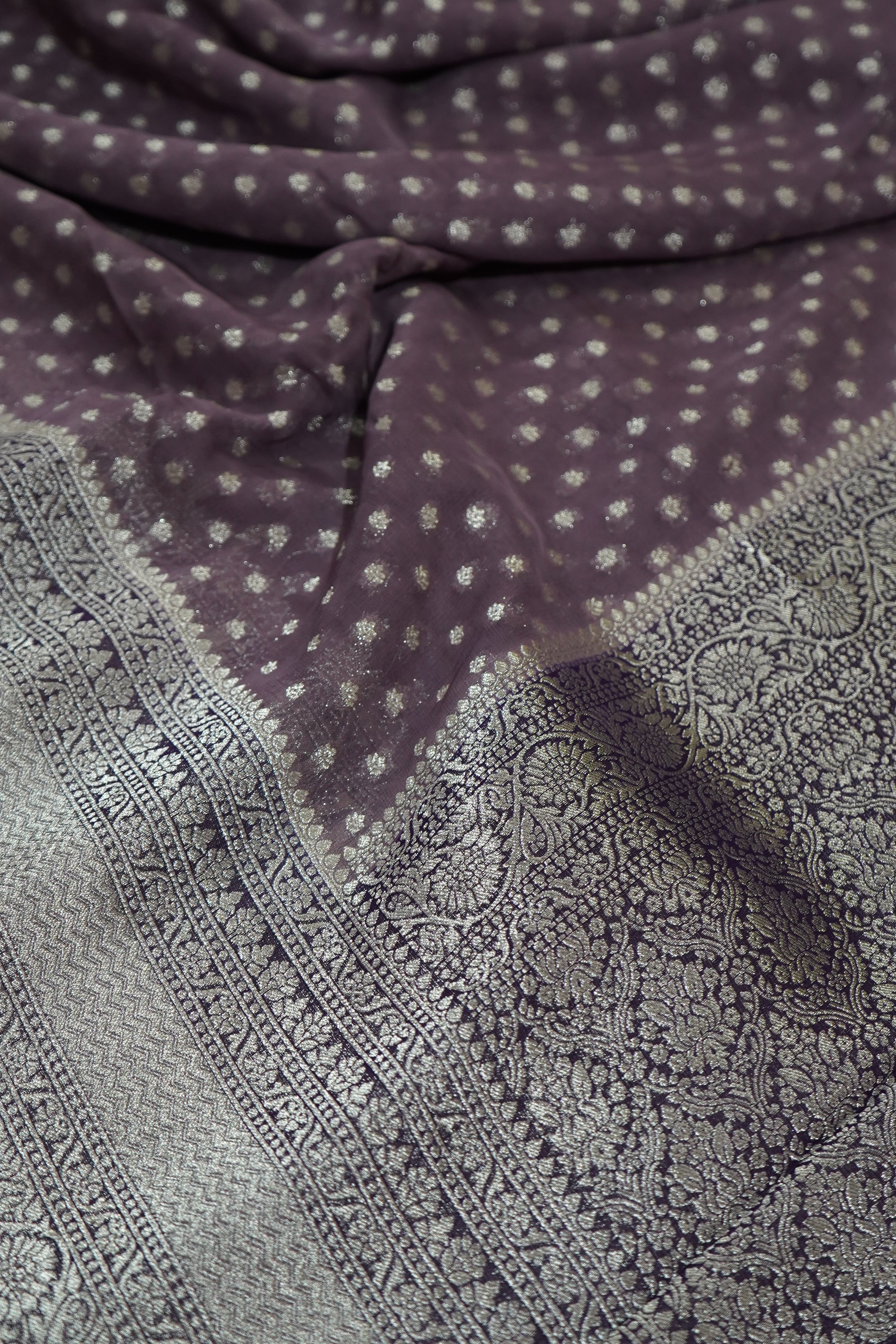 Smoky Lavender Grey Khaddi Georgette Pure Banarasi Saree with Champagne Zari Border