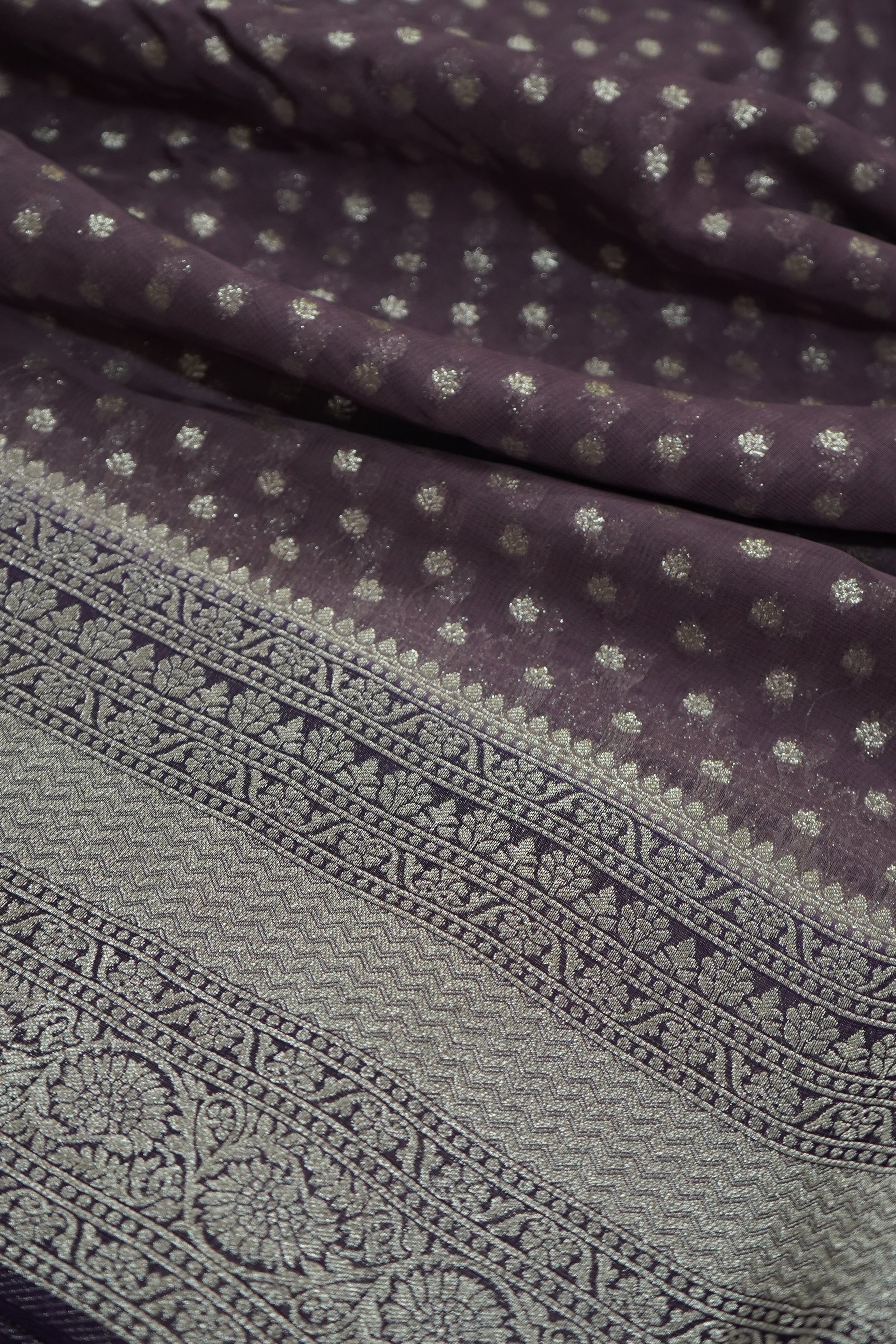 Smoky Lavender Grey Khaddi Georgette Pure Banarasi Saree with Champagne Zari Border