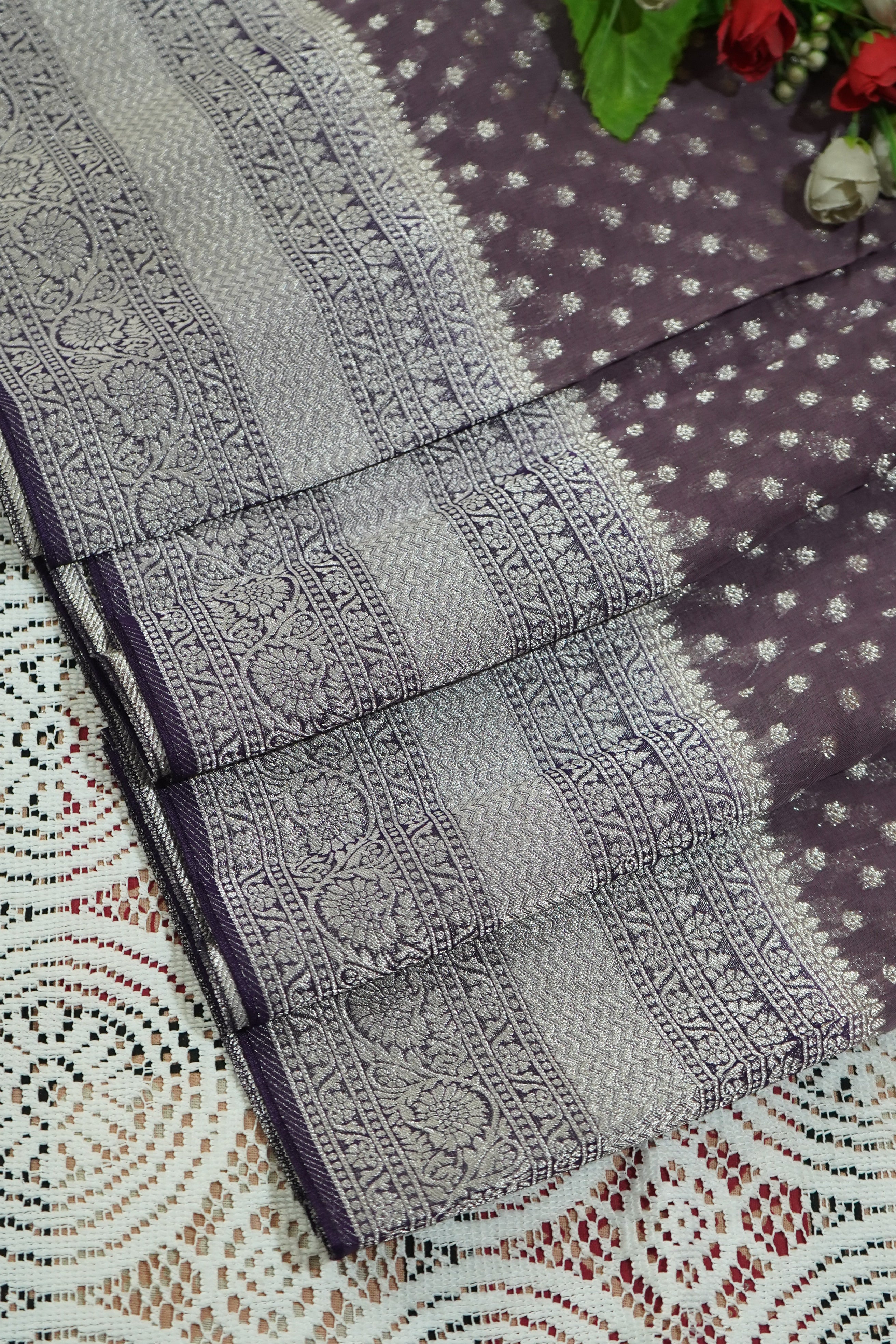 Smoky Lavender Grey Khaddi Georgette Pure Banarasi Saree with Champagne Zari Border