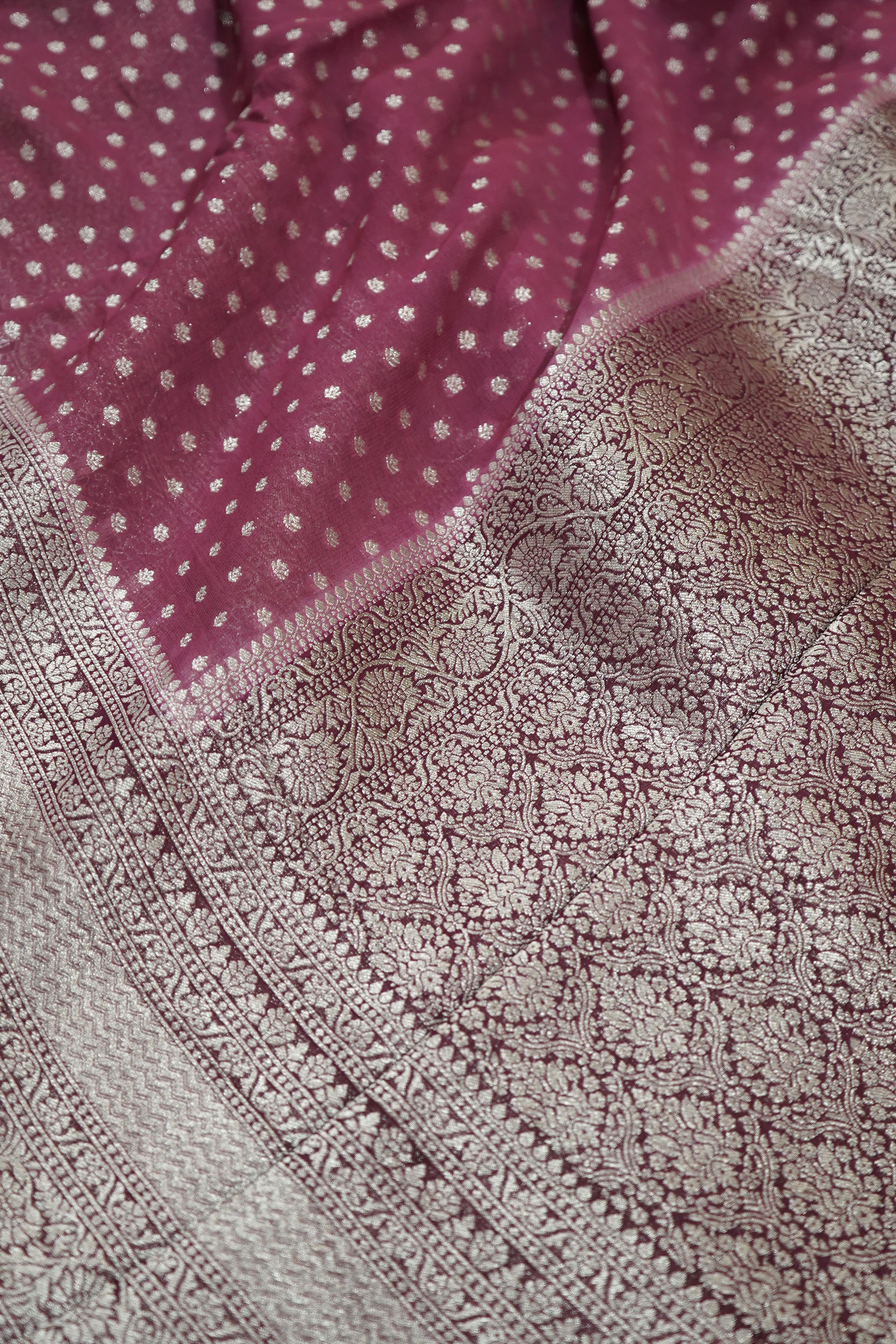 Dusty Mauve Khaddi Georgette Pure Banarasi Saree with Champagne Zari Border