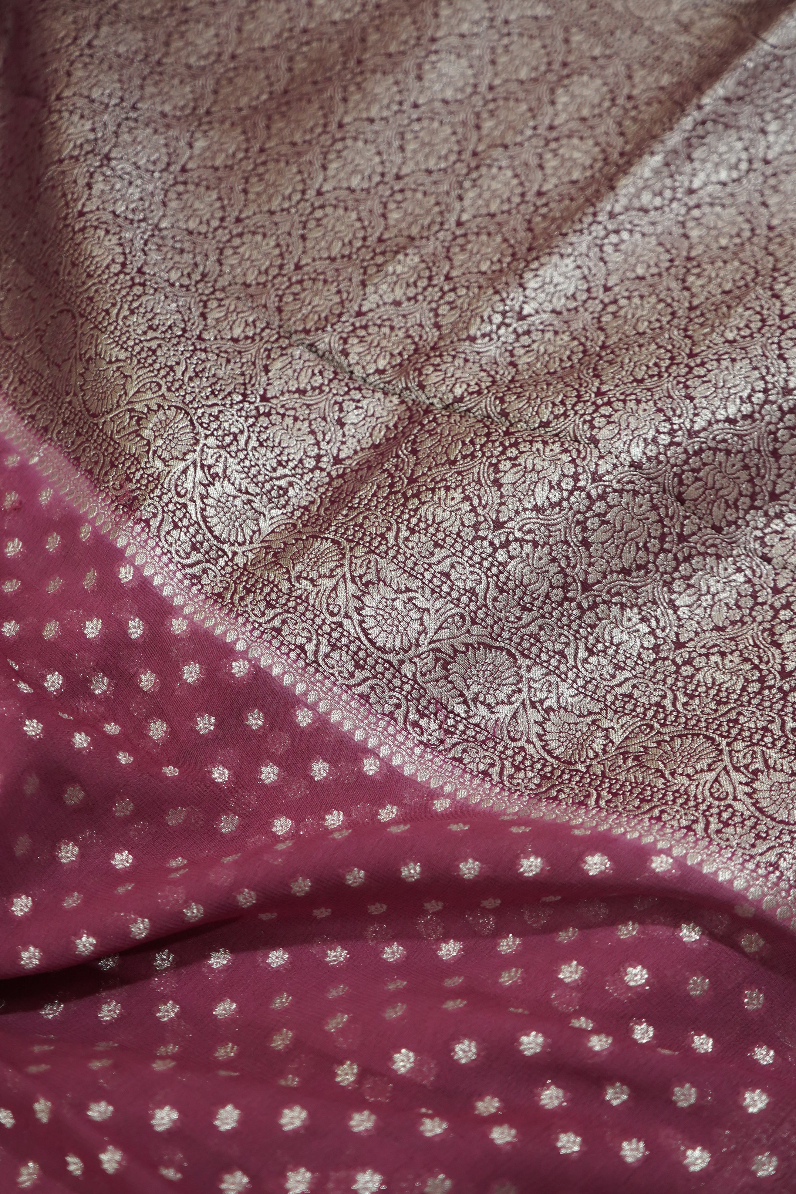 Dusty Mauve Khaddi Georgette Pure Banarasi Saree with Champagne Zari Border