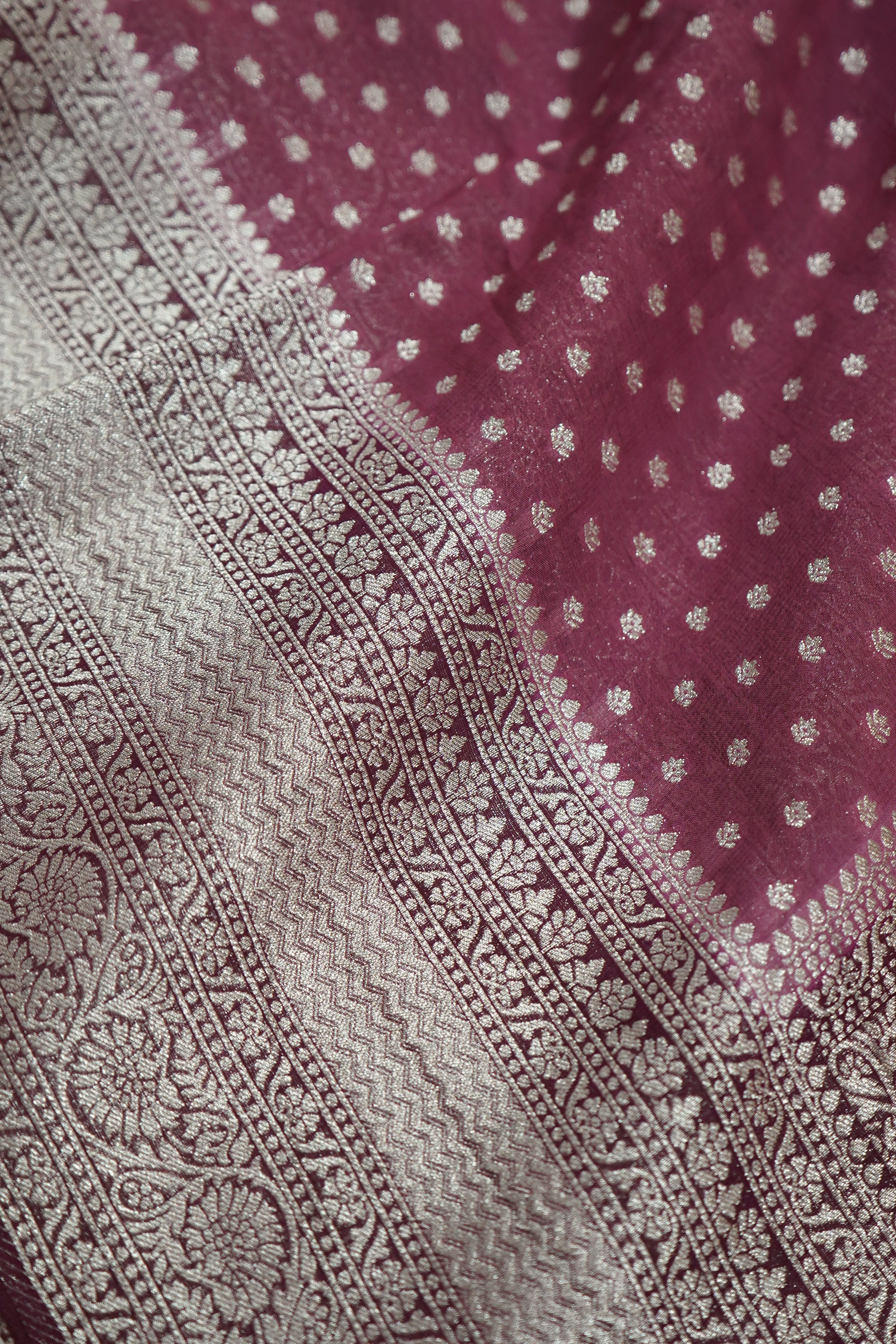 Dusty Mauve Khaddi Georgette Pure Banarasi Saree with Champagne Zari Border