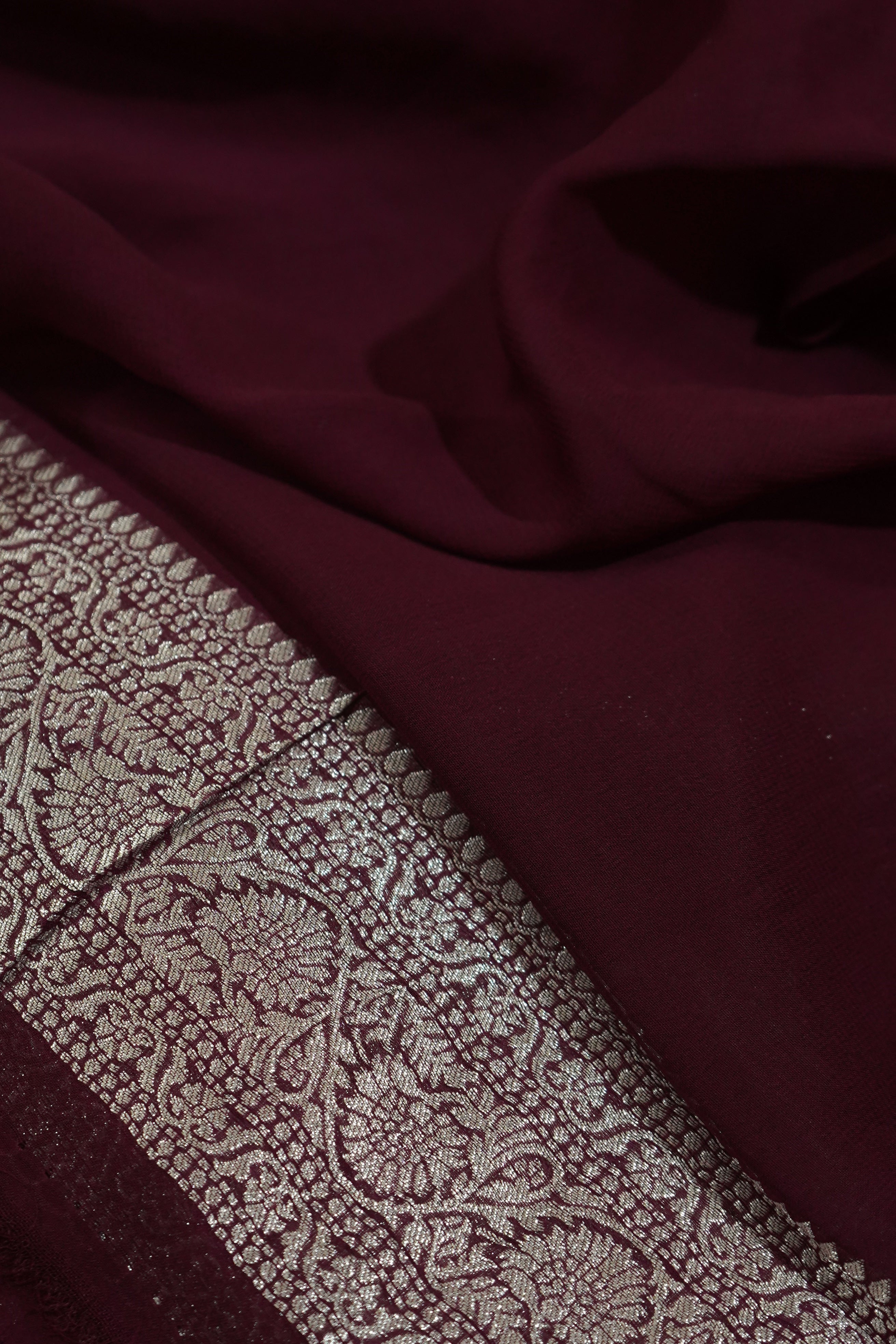Dusty Mauve Khaddi Georgette Pure Banarasi Saree with Champagne Zari Border