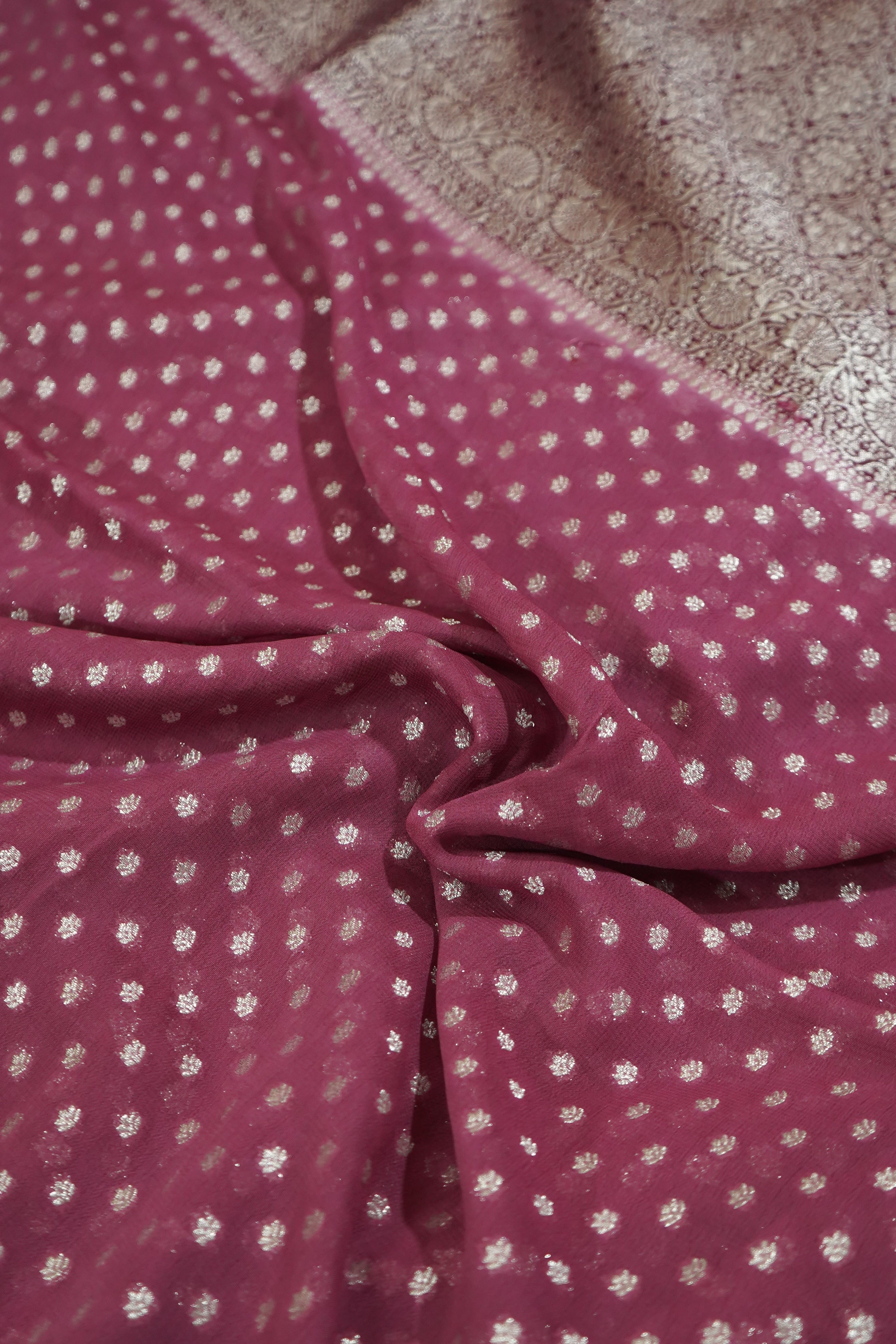 Dusty Mauve Khaddi Georgette Pure Banarasi Saree with Champagne Zari Border