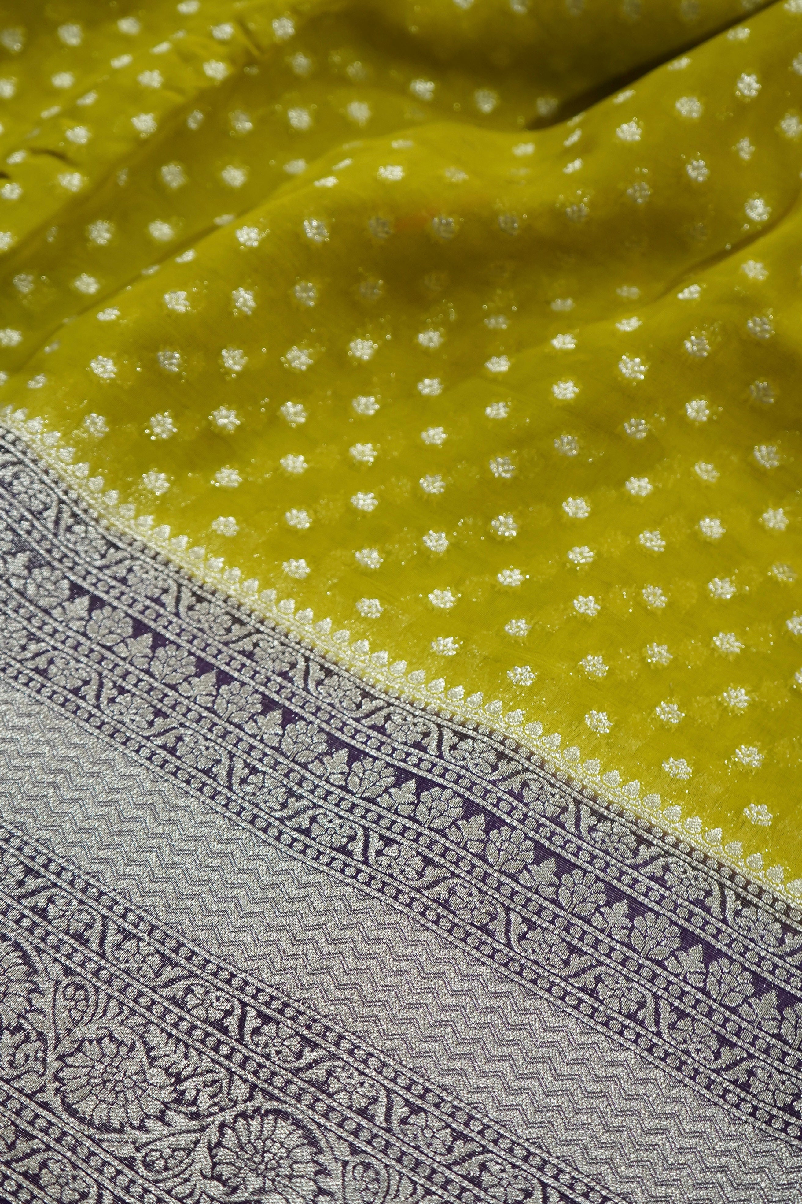 Mustard Yellow Khaddi Georgette Pure Banarasi Saree with Contrast Purple Border
