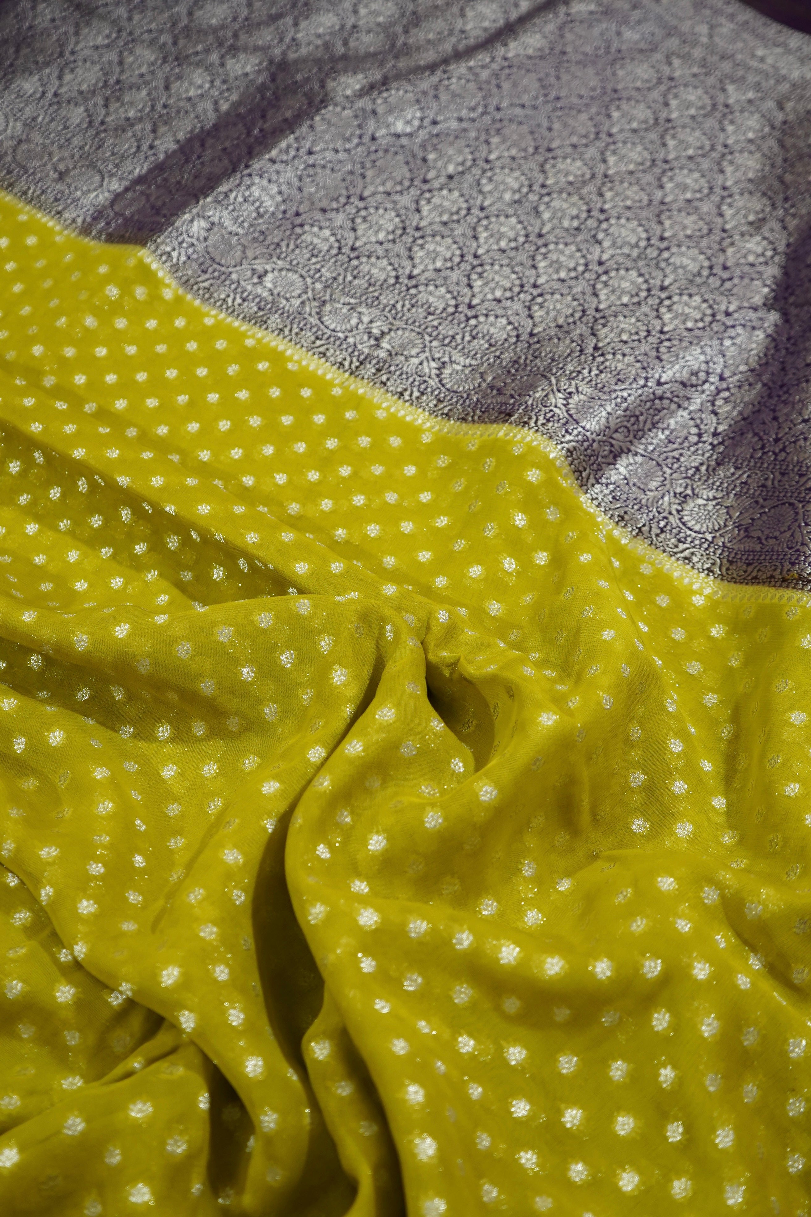 Mustard Yellow Khaddi Georgette Pure Banarasi Saree with Contrast Purple Border