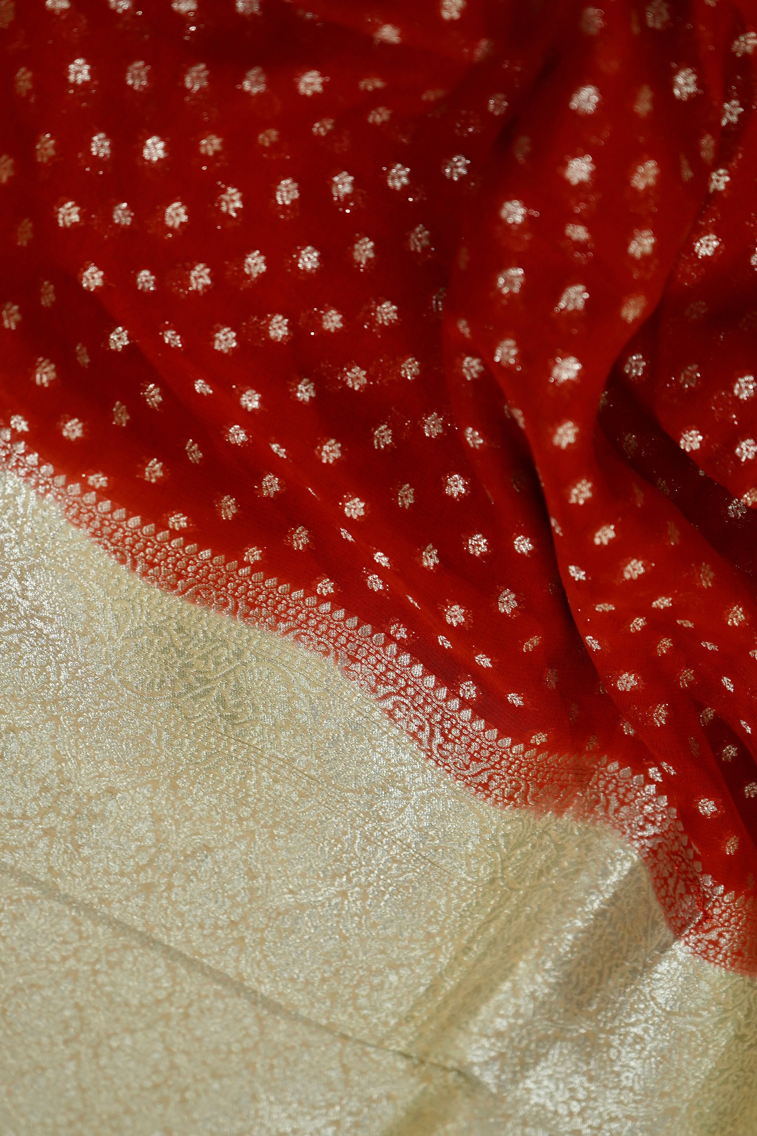 Vermilion Red Khaddi Georgette Pure Banarasi Saree with Champagne Zari Border
