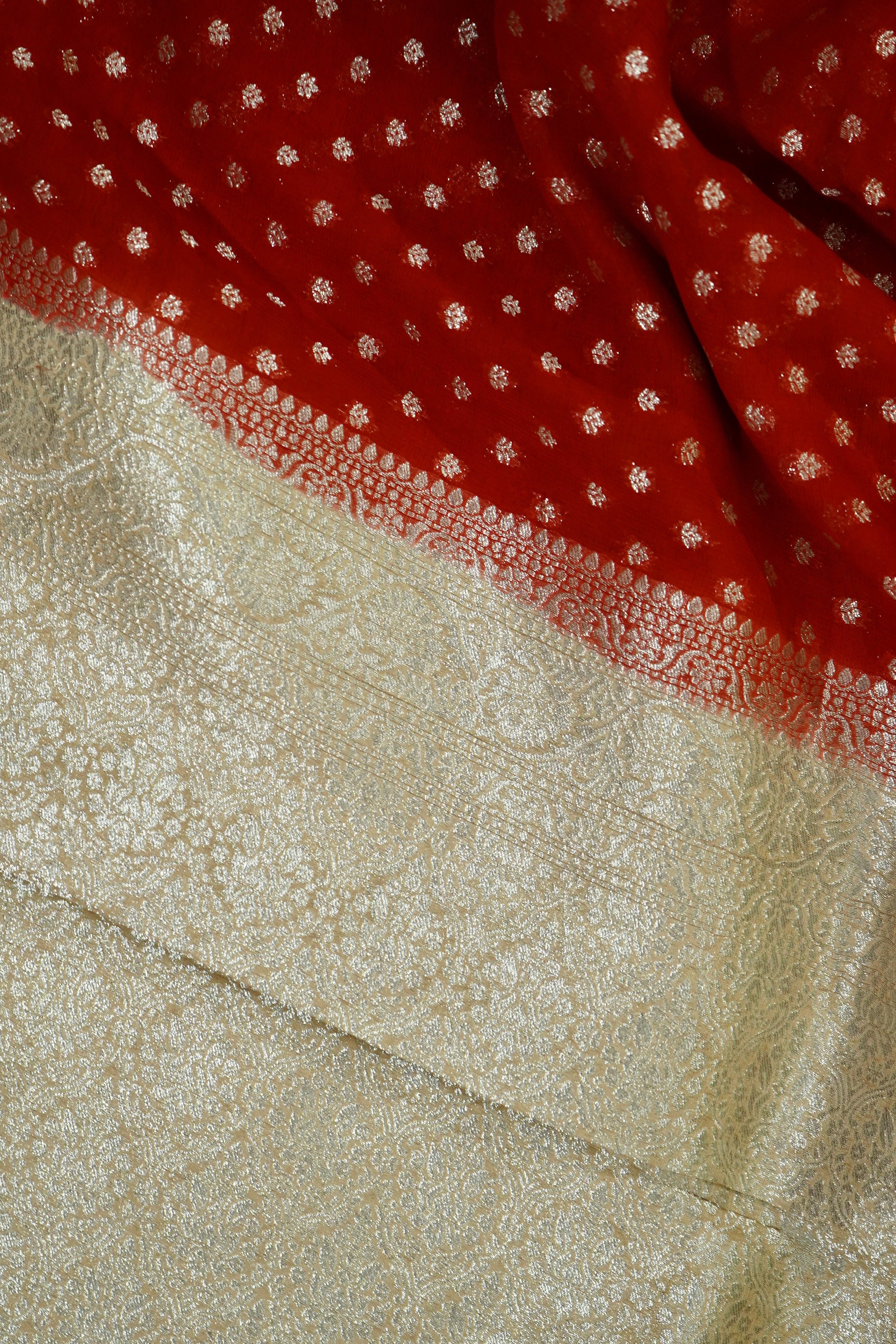 Vermilion Red Khaddi Georgette Pure Banarasi Saree with Champagne Zari Border