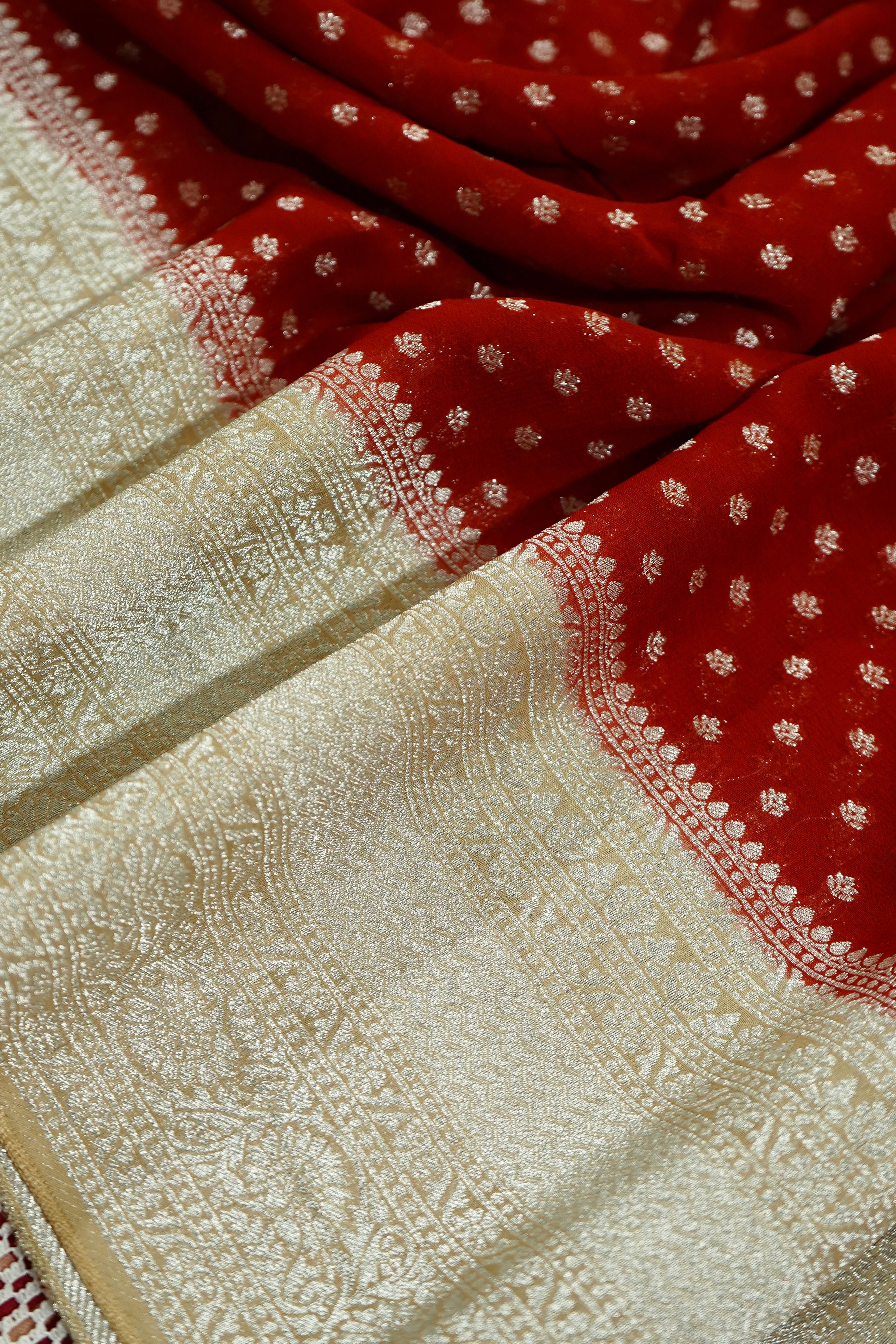 Vermilion Red Khaddi Georgette Pure Banarasi Saree with Champagne Zari Border