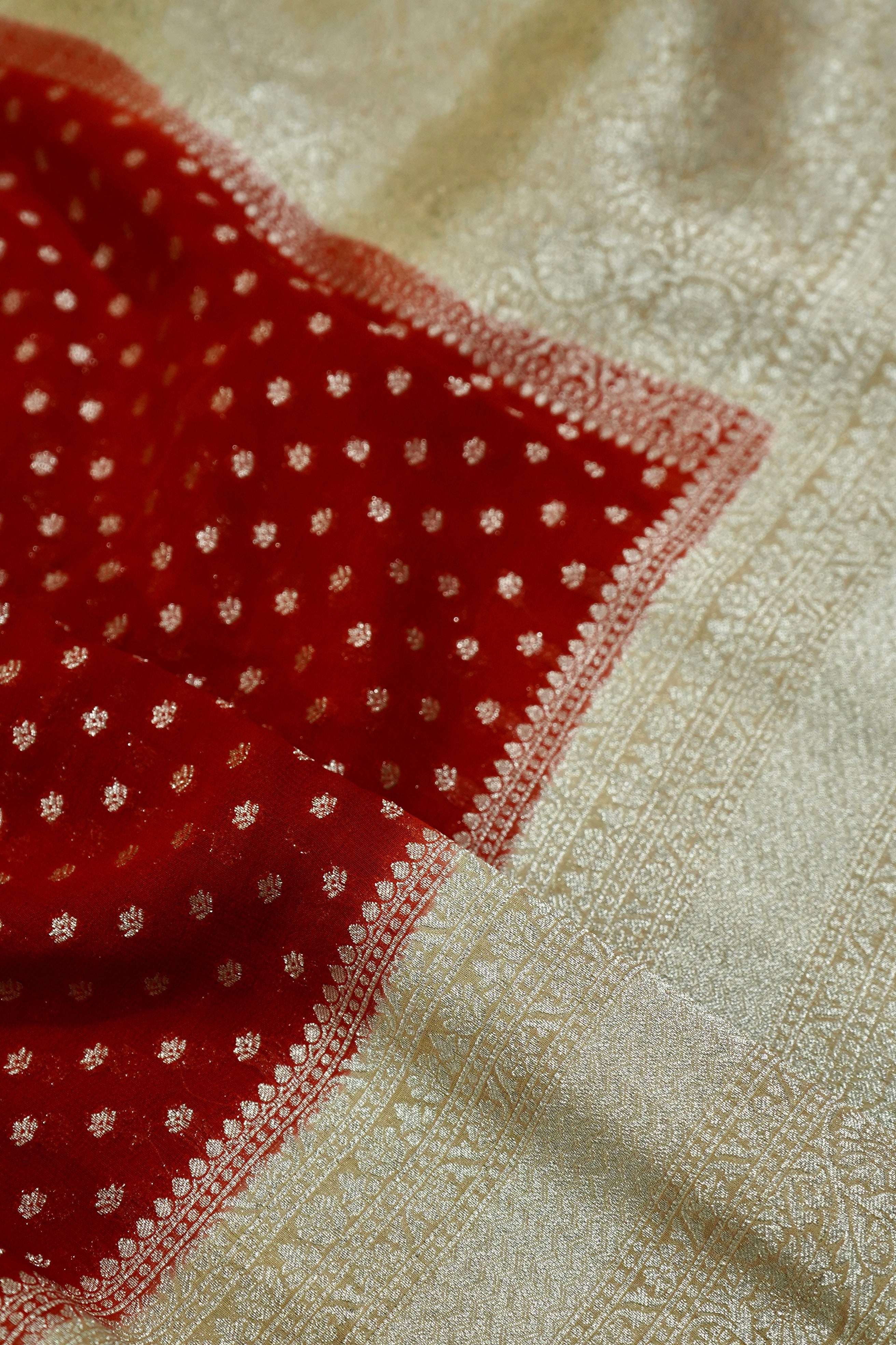 Vermilion Red Khaddi Georgette Pure Banarasi Saree with Champagne Zari Border