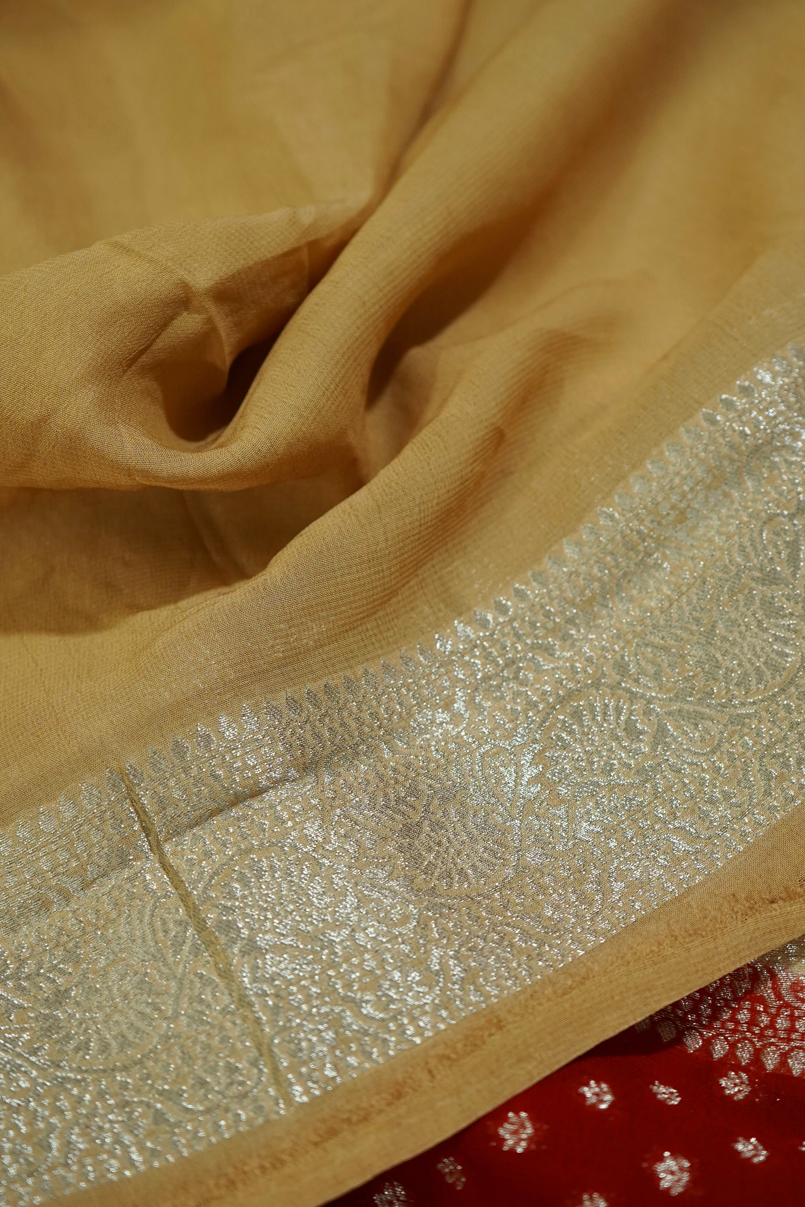Vermilion Red Khaddi Georgette Pure Banarasi Saree with Champagne Zari Border