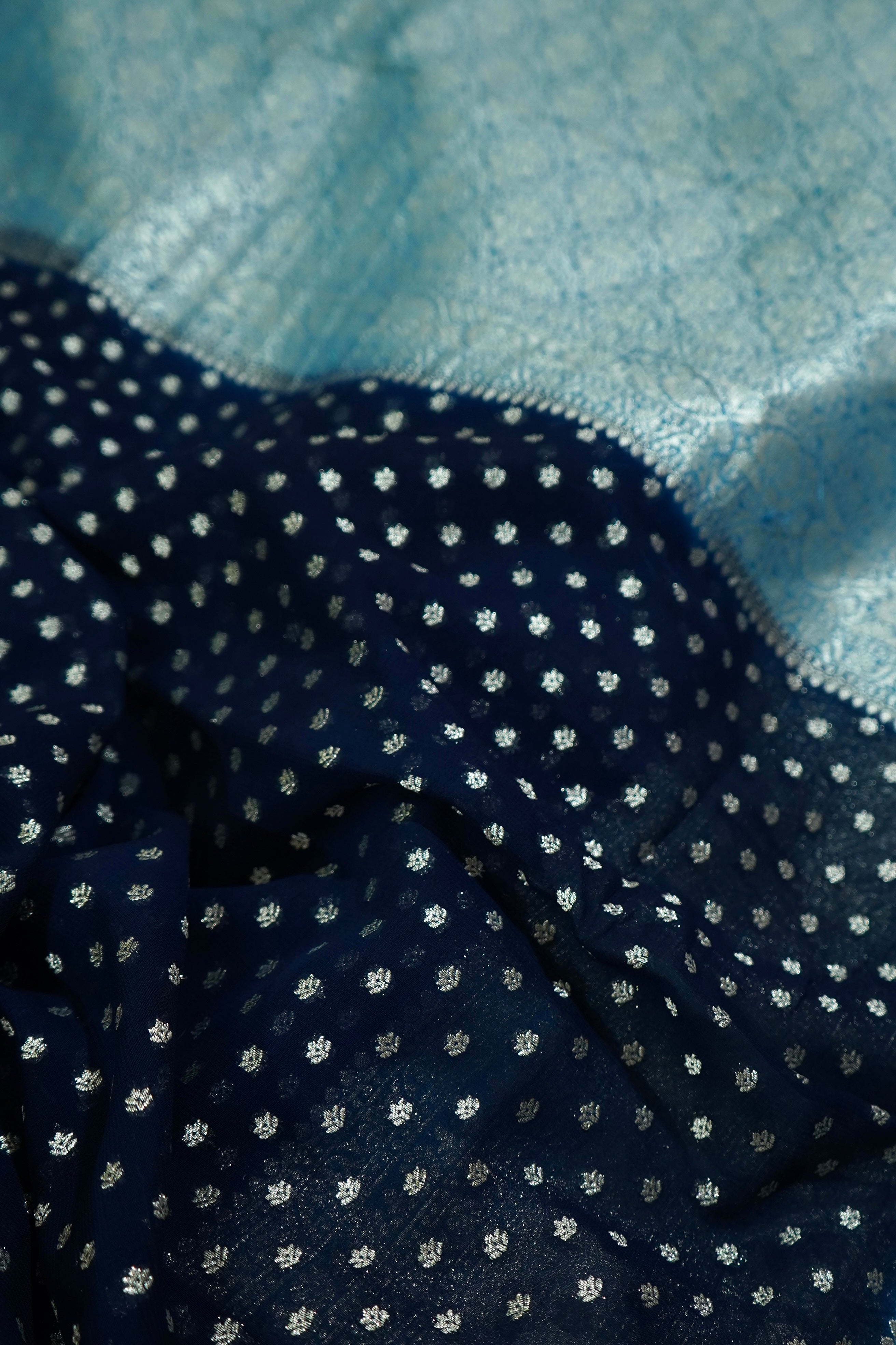 Navy Blue Khaddi Georgette Pure Banarasi Saree with Icy Blue and Champagne Zari Border