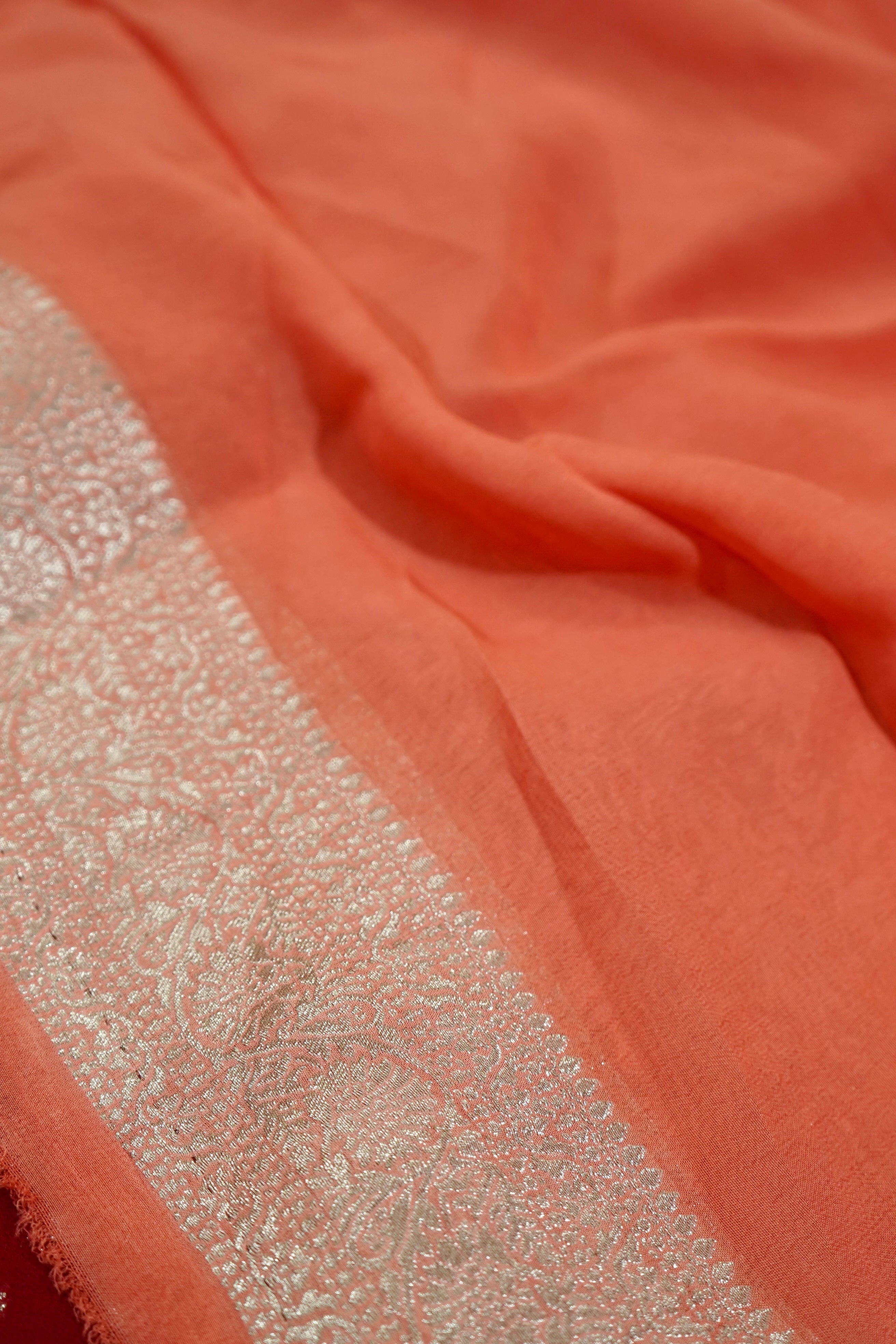 Deep Ruby Red Khaddi Georgette Pure Banarasi Saree with Champagne Zari Border