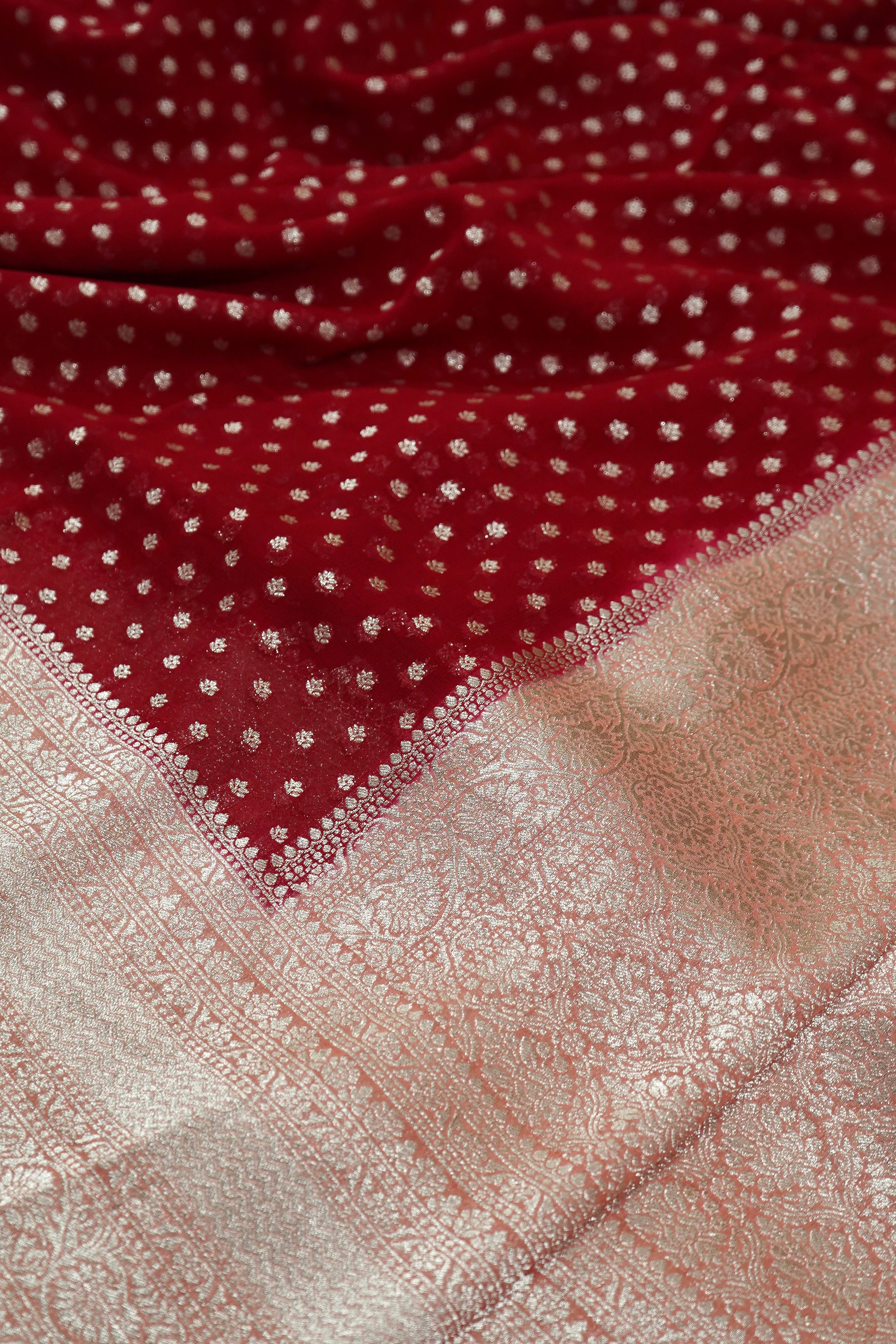 Deep Ruby Red Khaddi Georgette Pure Banarasi Saree with Champagne Zari Border