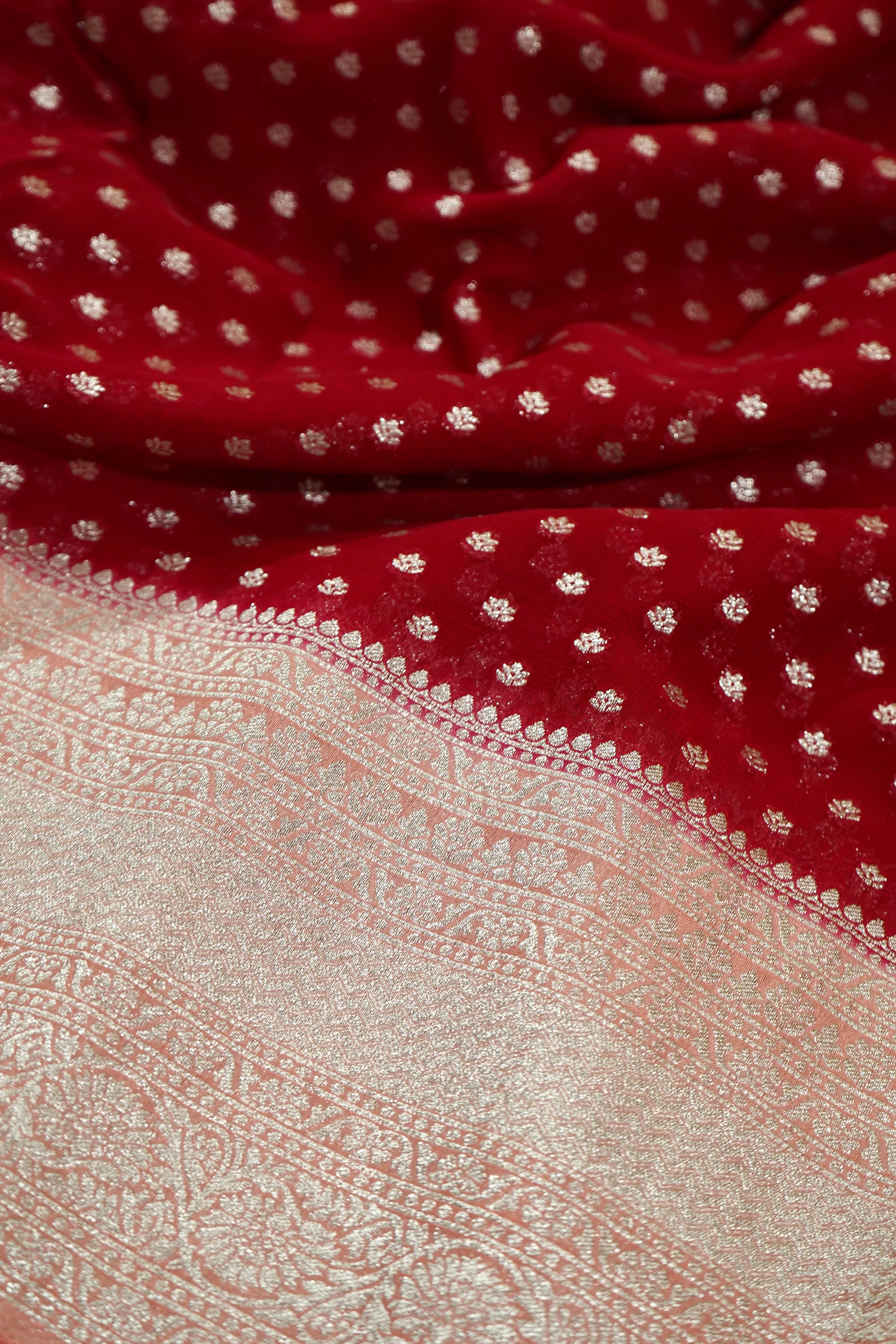 Deep Ruby Red Khaddi Georgette Pure Banarasi Saree with Champagne Zari Border