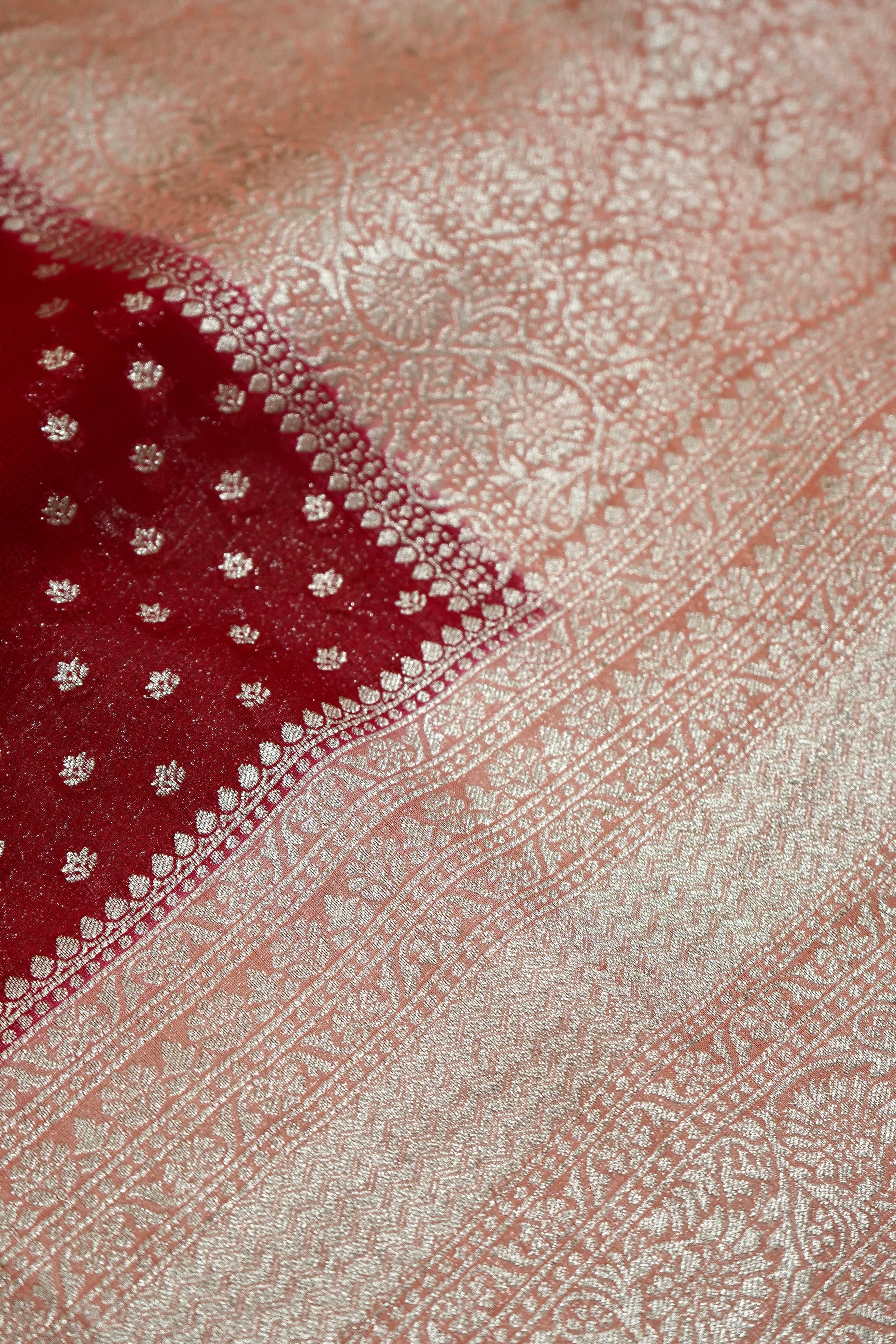 Deep Ruby Red Khaddi Georgette Pure Banarasi Saree with Champagne Zari Border