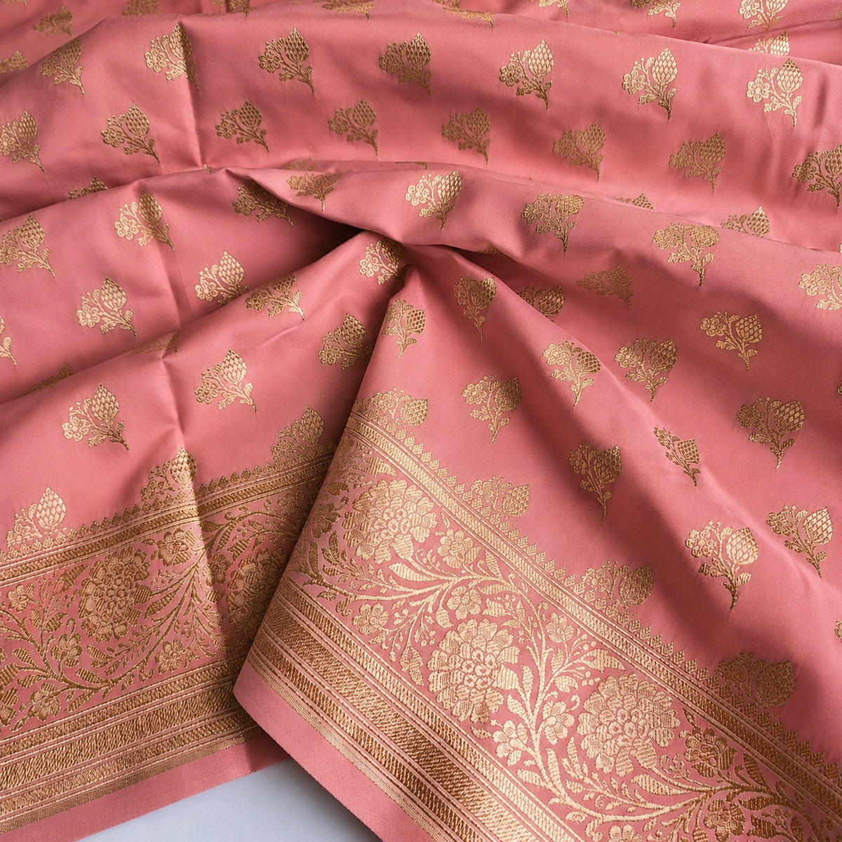 Rich Dusty Blush Pink Banarasi Silk Saree with Gold Zari Weaving