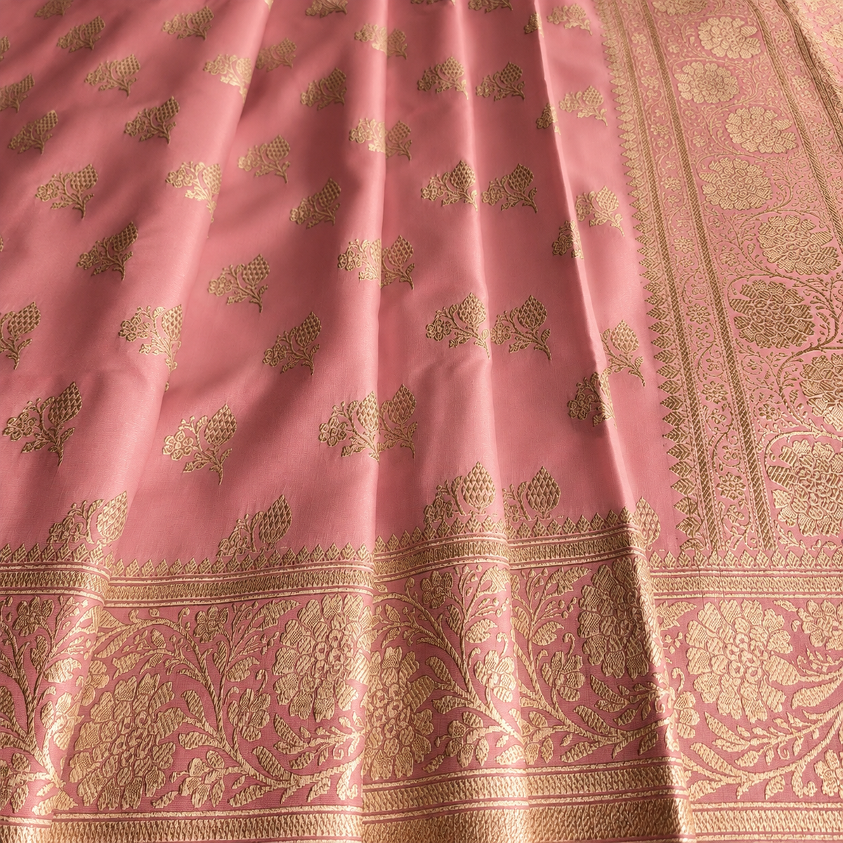 Rich Dusty Blush Pink Banarasi Silk Saree with Gold Zari Weaving