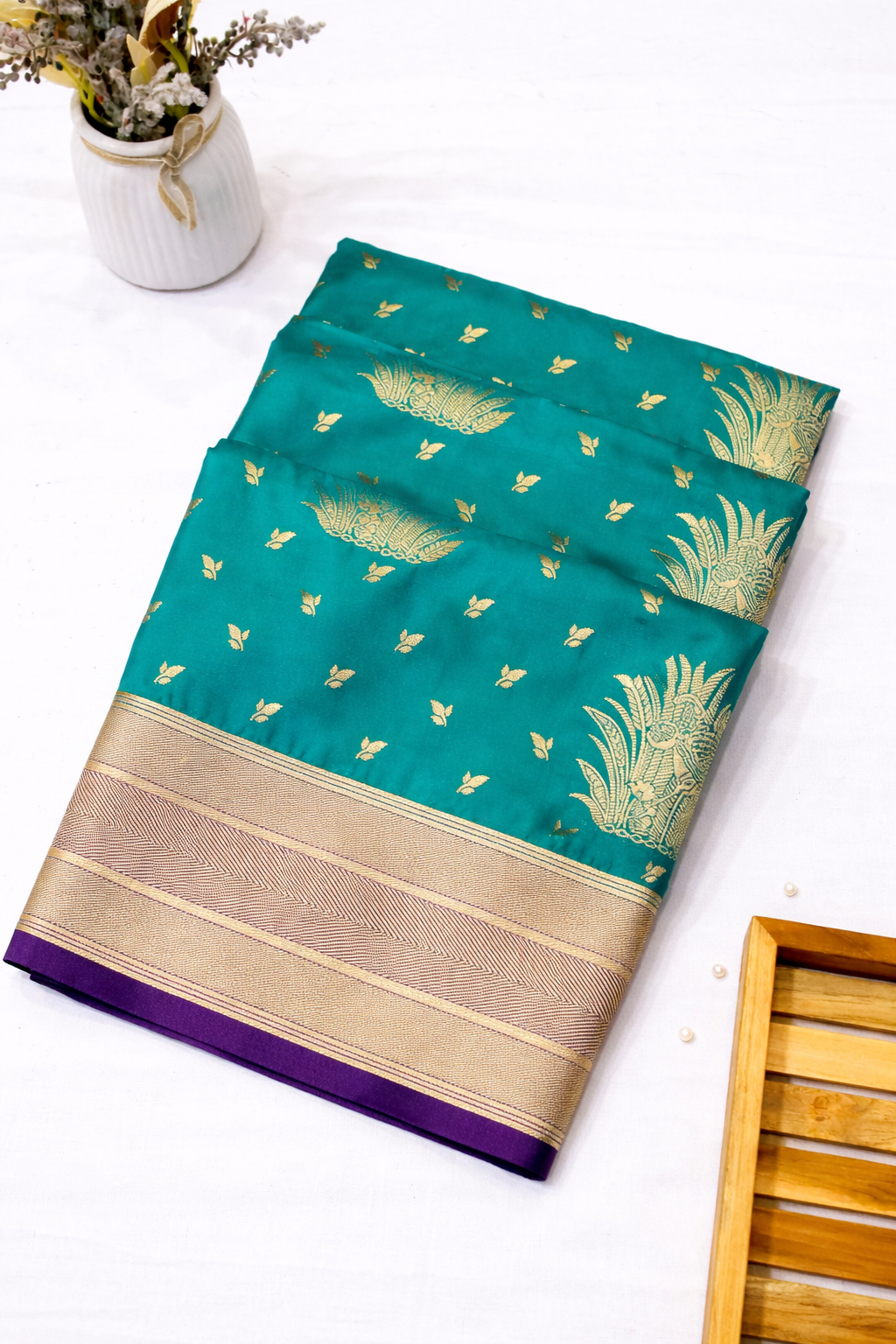 Teal Green Semi Katan Silk Saree with Gold & Purple Border