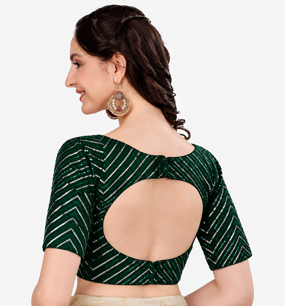 Readymade Deep V-Neck Georgette Sequin Work Padded Blouse - Emerald Green