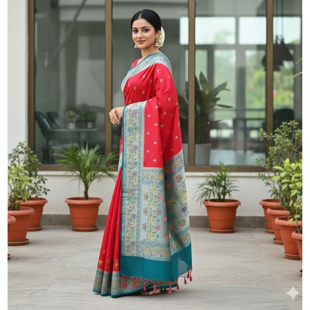 Banarasi Silk Saree Red Meenakari Zari Border & Palla