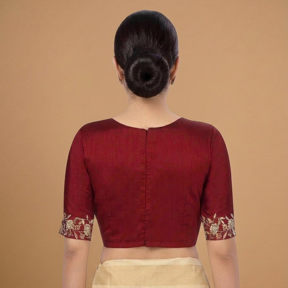 Maroon Embroidered Work Blouse – Elbow Length Sleeves
