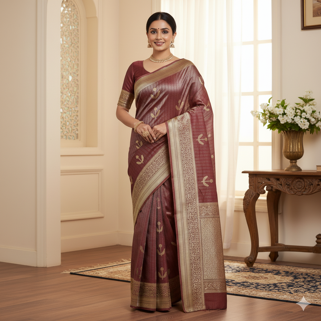 Maroon Handwoven Tissue Silk Saree with Reshmi Gold Multi patti