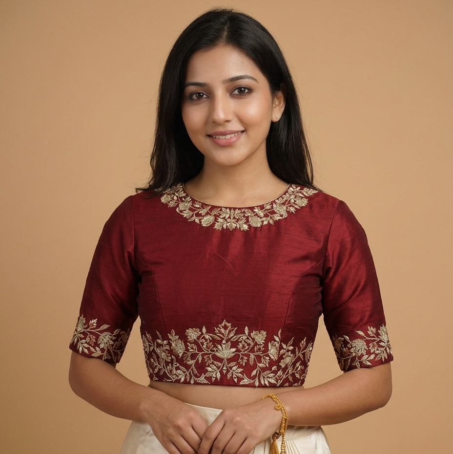 Maroon Embroidered Work Blouse – Elbow Length Sleeves