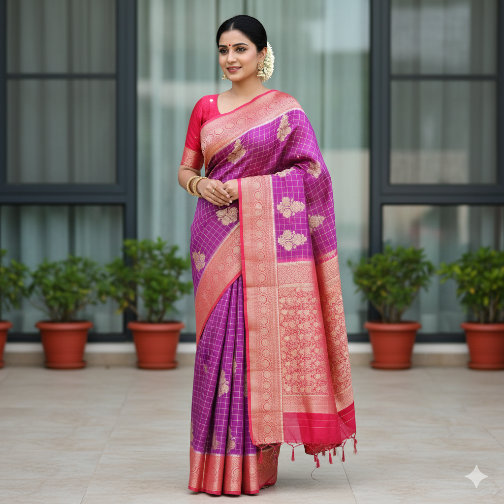 Traditional Purple and Gold Georgette Silk Saree with traditional Red border