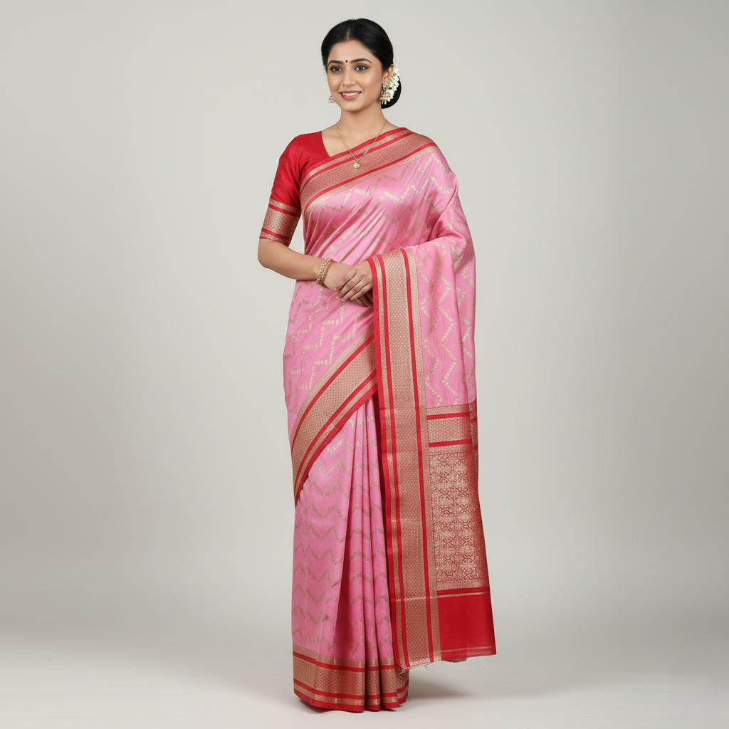 Intricate Pink and Red Banarasi Mashru Silk Saree