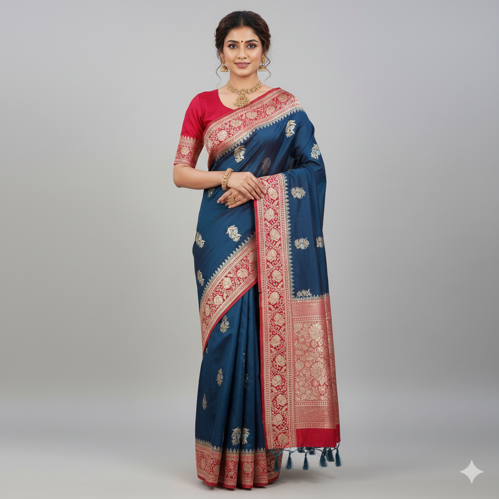 Elegant Peacock Blue Banarasi Mashru Silk Saree with traditional Red border & Pallu