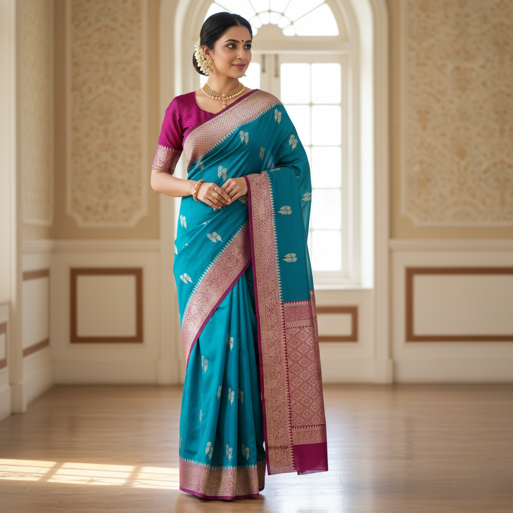 Turquoise Mashru Silk  Saree with Rich Magenta Border