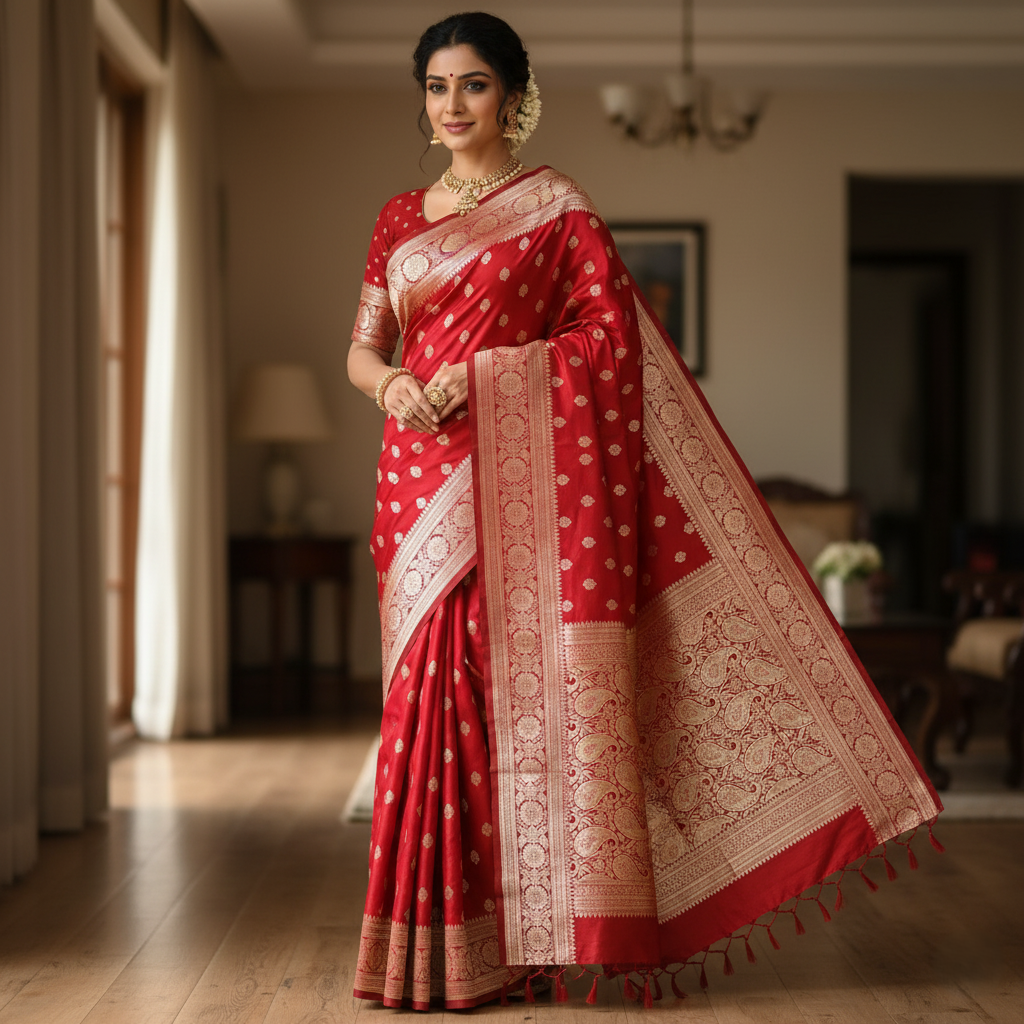 Traditional Red Silk Saree with Banarasi handweaving