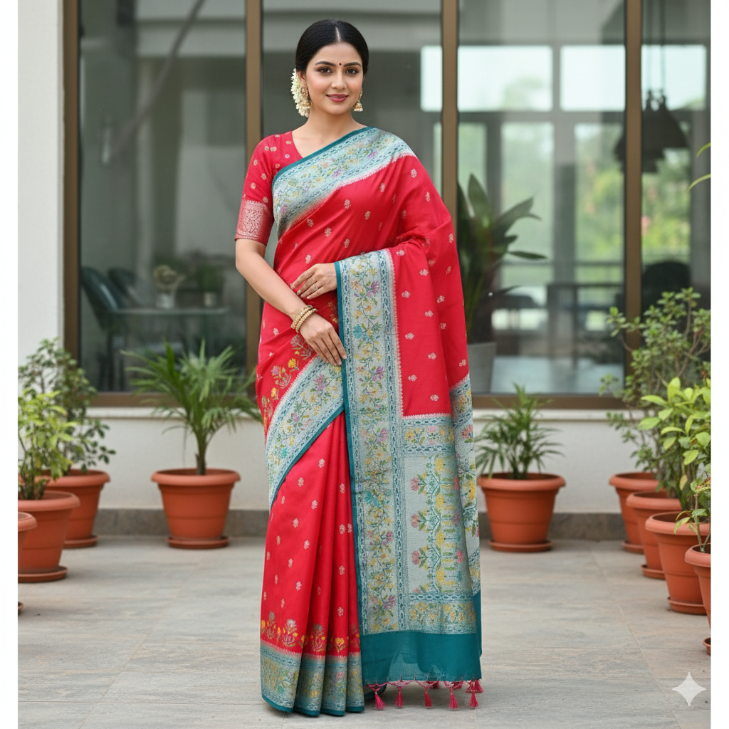 Banarasi Silk Saree Red Meenakari Zari Border & Palla