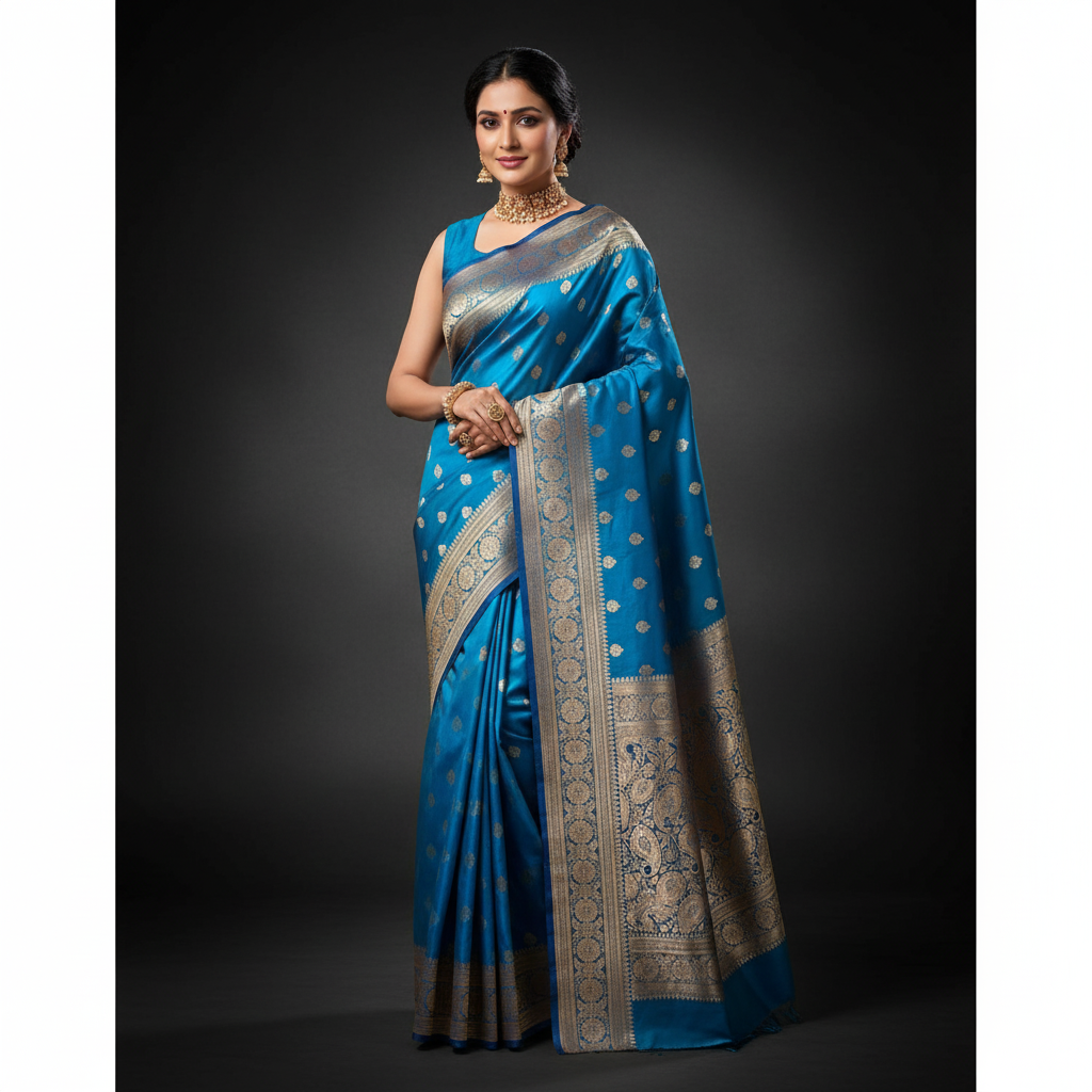 Traditional Sky Blue Silk Saree with Banarasi handweaving