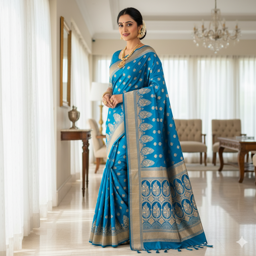 Traditional Vibrant Blue Silk Saree with Banarasi handweaving