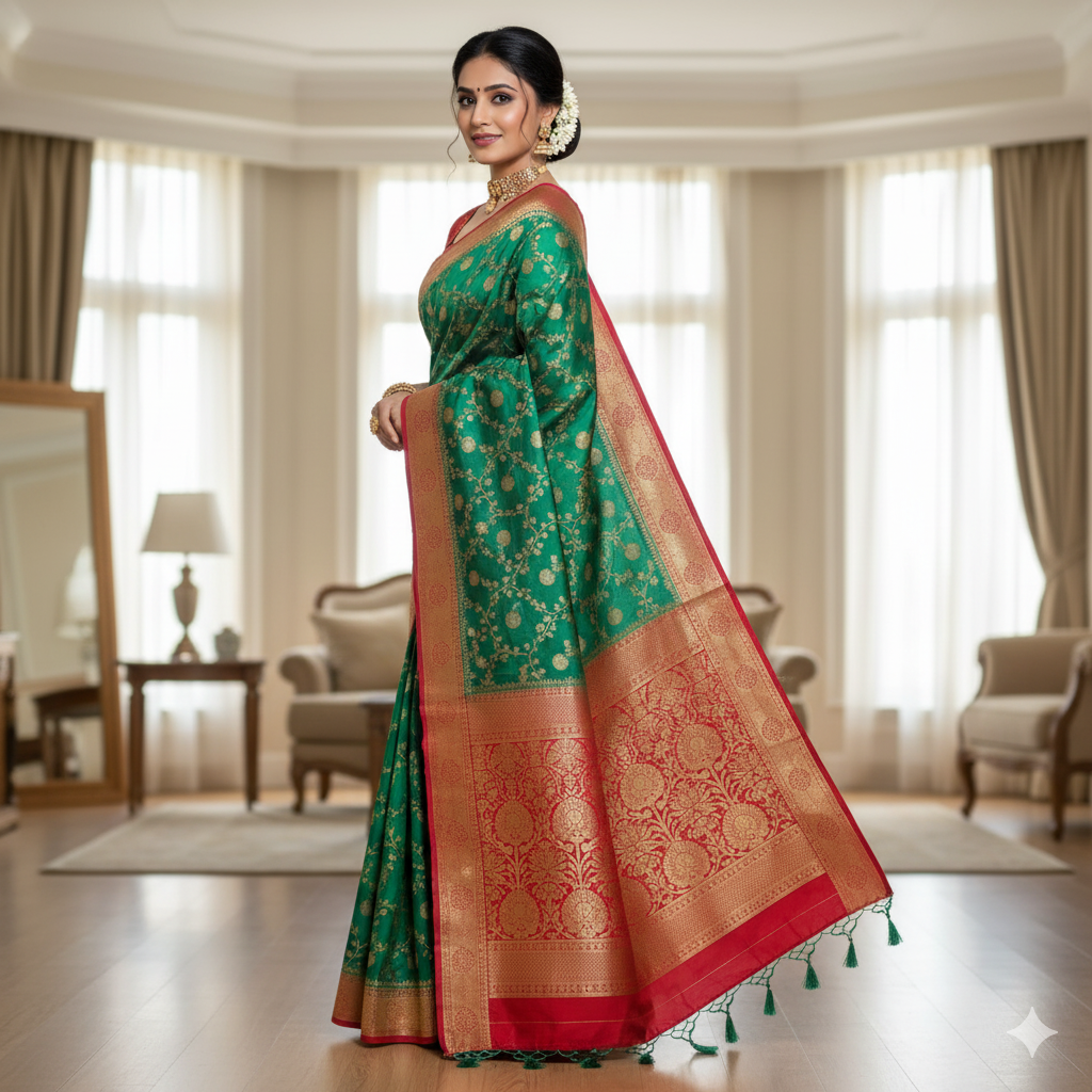 Emerald Green Banarasi Saree with traditional Red Jaal border