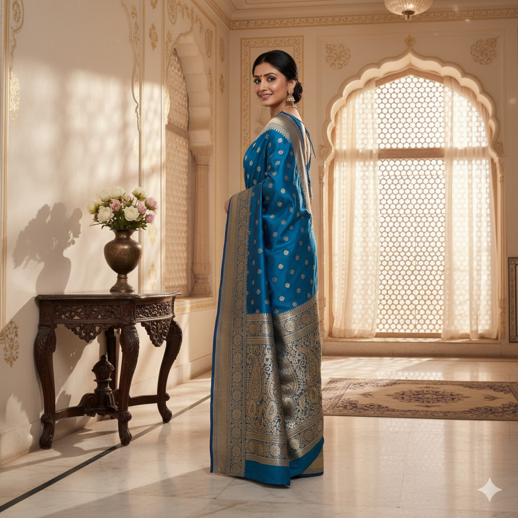 Traditional Sky Blue Silk Saree with Banarasi handweaving