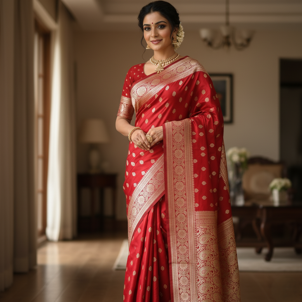 Traditional Red Silk Saree with Banarasi handweaving