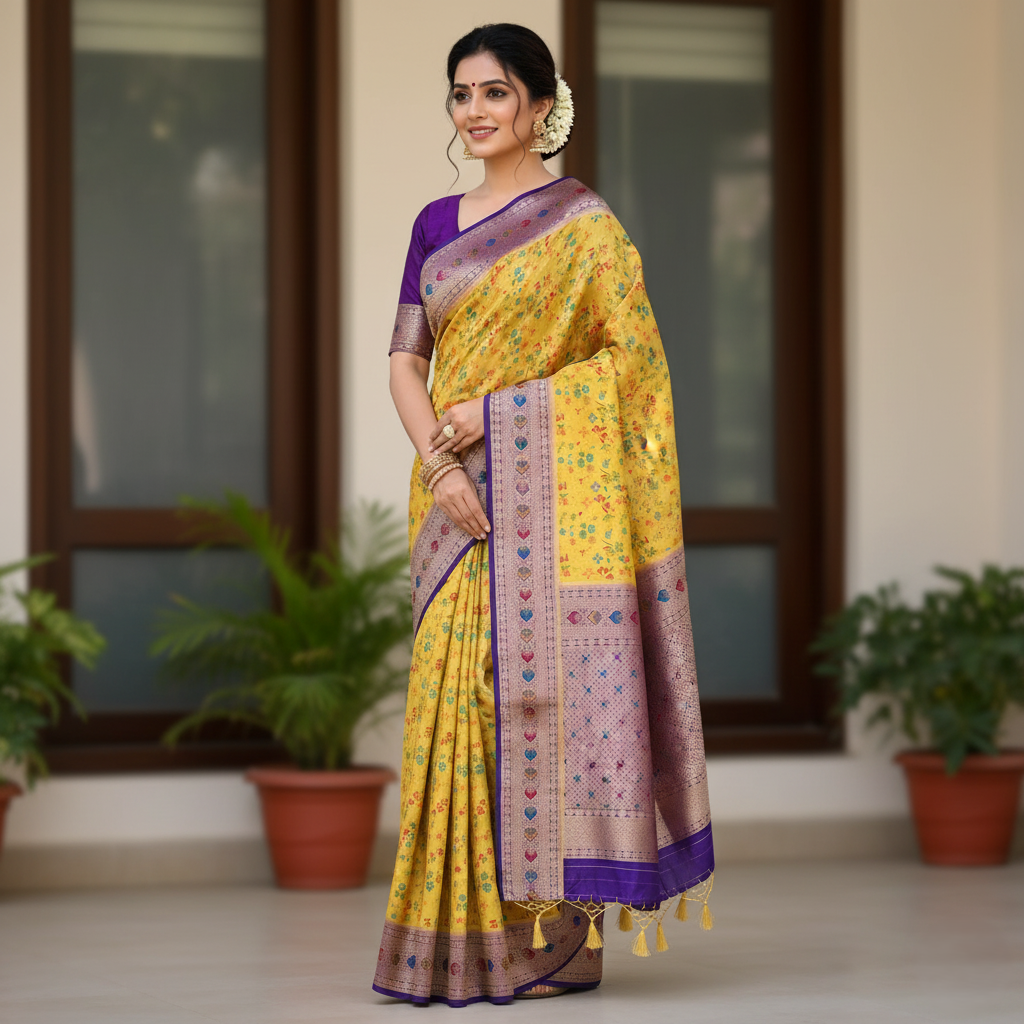 Elegant Yellow Banarasi Silk Saree with Floral Meenakari Work
