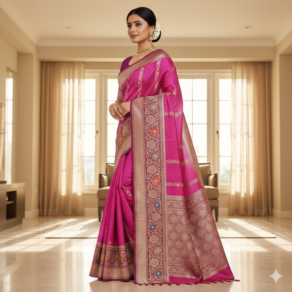 Pink Banarasi Dola Silk Saree with Maroon Border & Floral meenakari stripes
